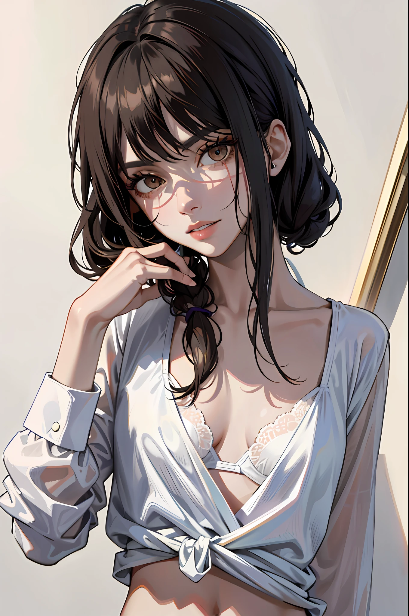 (masterpiece:1.2, best quality), 1lady, Yoru, solo, photorealistic, upper body, small breasts, focus on face, realistic, pastel painting, powerful, intelligent, sensual, detailed eyes ( intimidating look, Brown eyes ) well detailed, black hair, hair tied, hair tied at the end, red ribbon on the hair, best CG, open shirt, white bra, perfect body, white panties