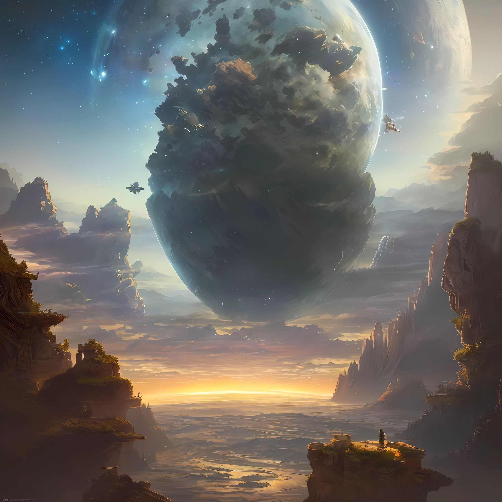 (Very detailed CG unity 8k wallpapers), panoramas of the most beautiful outer space artwork, sci-fi space landscapes, planets, Ed Blinkey, Atey Ghailan, professional majestic paintings of Studio Ghibli, Jeremy Mann, Greg Manchess, Antonio Moro, Trending on ArtStation, Trending on CGSociety, Intricate, High Detail, Sharp focus, dramatic, photorealistic painting art by midjourney and greg rutkowski