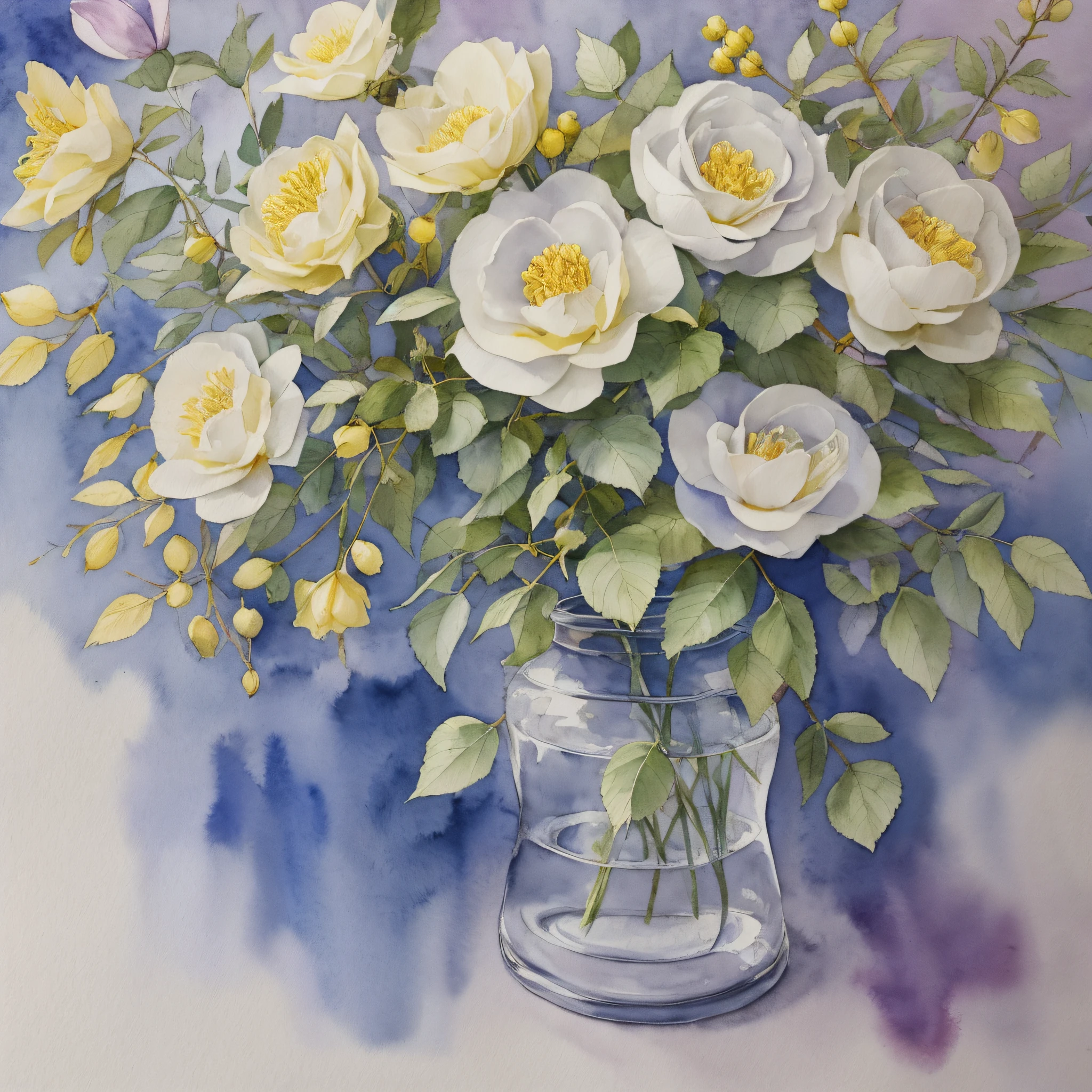 watercolor, dogrose flowers, leaves, high contrast, muted, yellow berries, very light lilac and blue background --auto --s2