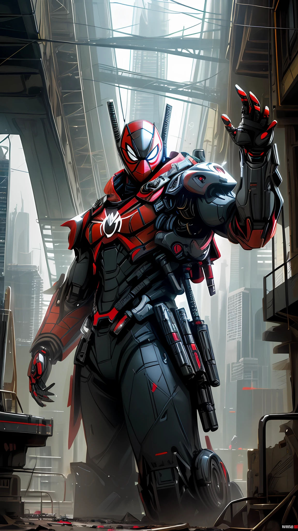 Dark_Fantasy,Cyberpunk, (Best Quality, Masterpiece),White,1Person,Mechanical Miracle,Robotic Presence,Cybernetic Guardian,Wearing a Cybernetic Jacket,Black and Red, Futuristic Deadpool from Marvel, (Cyborg), (Spider-Man),City, Highest Quality Digital Art, Stunning Art, 4k Wallpapers, High Detailed, Warzone, Black & White, Highest Quality Digital Art, Stunning Art, 4k,8k,64k, HD Wallpapers, Unbeatable Masterpiece, dynamic lighting, cinematic, epic, damaged mechanical parts