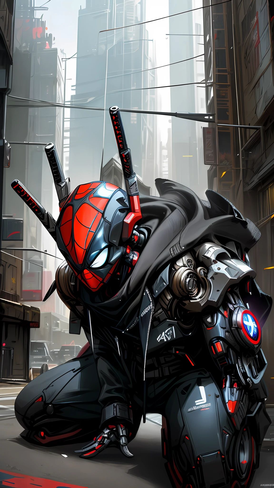 Dark_Fantasy,Cyberpunk, (Best Quality, Masterpiece),White,1Person,Mechanical Miracle,Robotic Presence,Cybernetic Guardian,Wearing a Cybernetic Jacket,Black and Red, Futuristic Deadpool from Marvel, (Cyborg), (Spider-Man),City, Highest Quality Digital Art, Stunning Art, 4k Wallpapers, High Detailed, Warzone, Black & White, Highest Quality Digital Art, Stunning Art, 4k,8k,64k, HD Wallpapers, Unbeatable Masterpiece, dynamic lighting, cinematic, epic, damaged mechanical parts