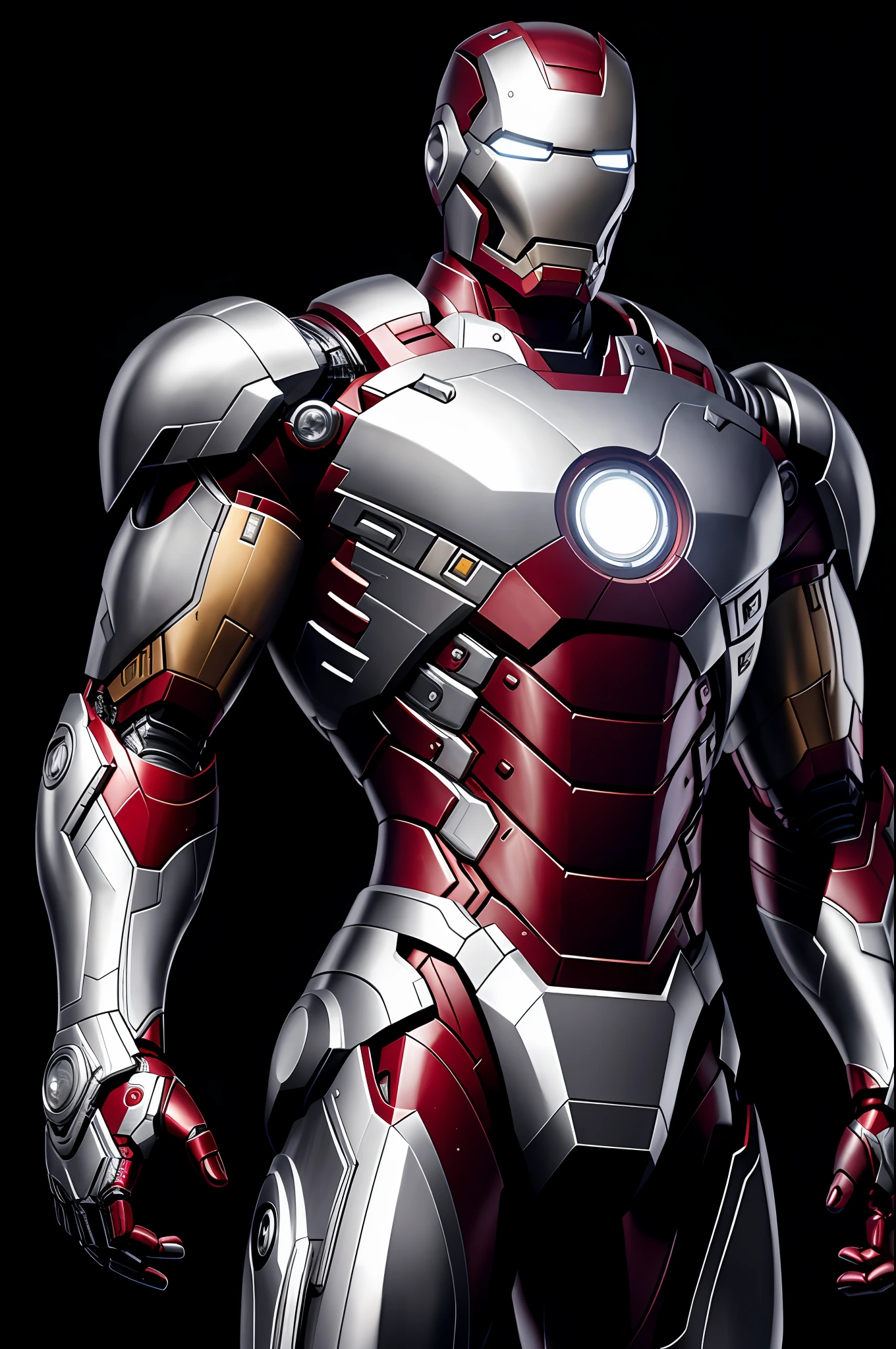 (8k, RAW photo, best quality, masterpiece: 1.2), ultra detailed, authorial art, photo-realistic: 1.37, upper body shot, ((uniform exclusively black and silver: 1.2)), model, marvel iron man, film grain, action pose, a perfect face, 40 years, intricate details, diffused light, by Marvel