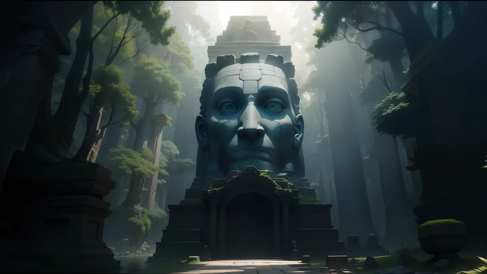 there is a large stone statue in the middle of a forest, film still promotional image, neo - andean architecture, animation still screencap, face shown, b3d, atlantis, game characters head designs, large gate, roger deakin’s cinematography, ellora, old gods