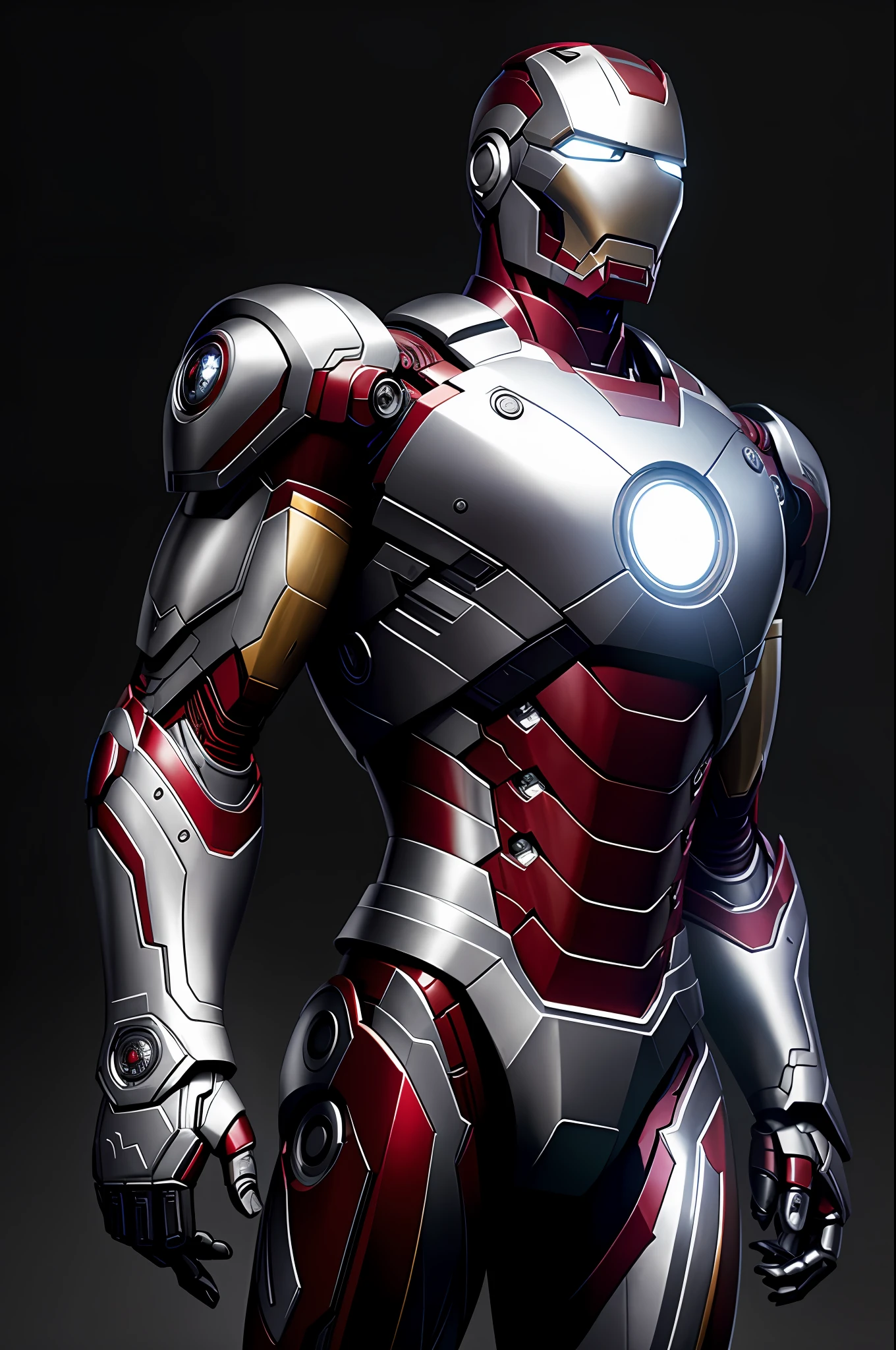 (8k, RAW photo, best quality, masterpiece: 1.2), ultra detailed, authorial art, photo-realistic: 1.37, upper body shot, ((uniform exclusively black and silver: 1.2)), model, marvel iron man, film grain, action pose, a perfect face, 40 years, intricate details, diffused light, by Marvel