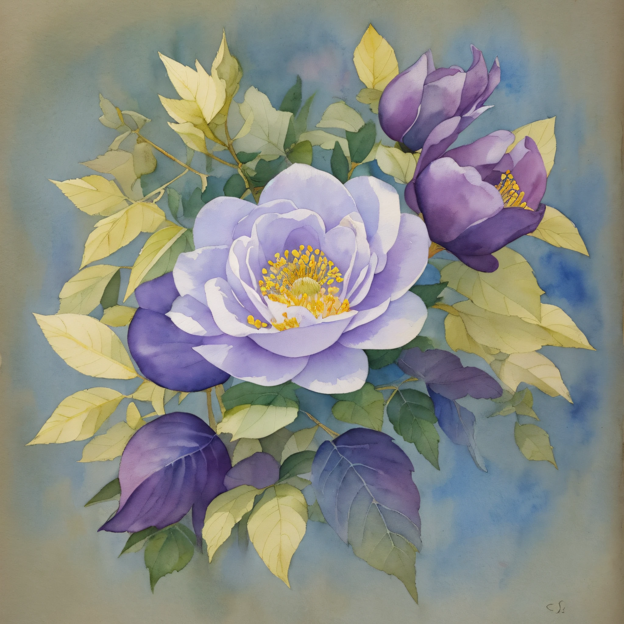 watercolor, dogrose flowers, leaves, high contrast, muted, yellow berries, very light lilac and blue background --auto --s2