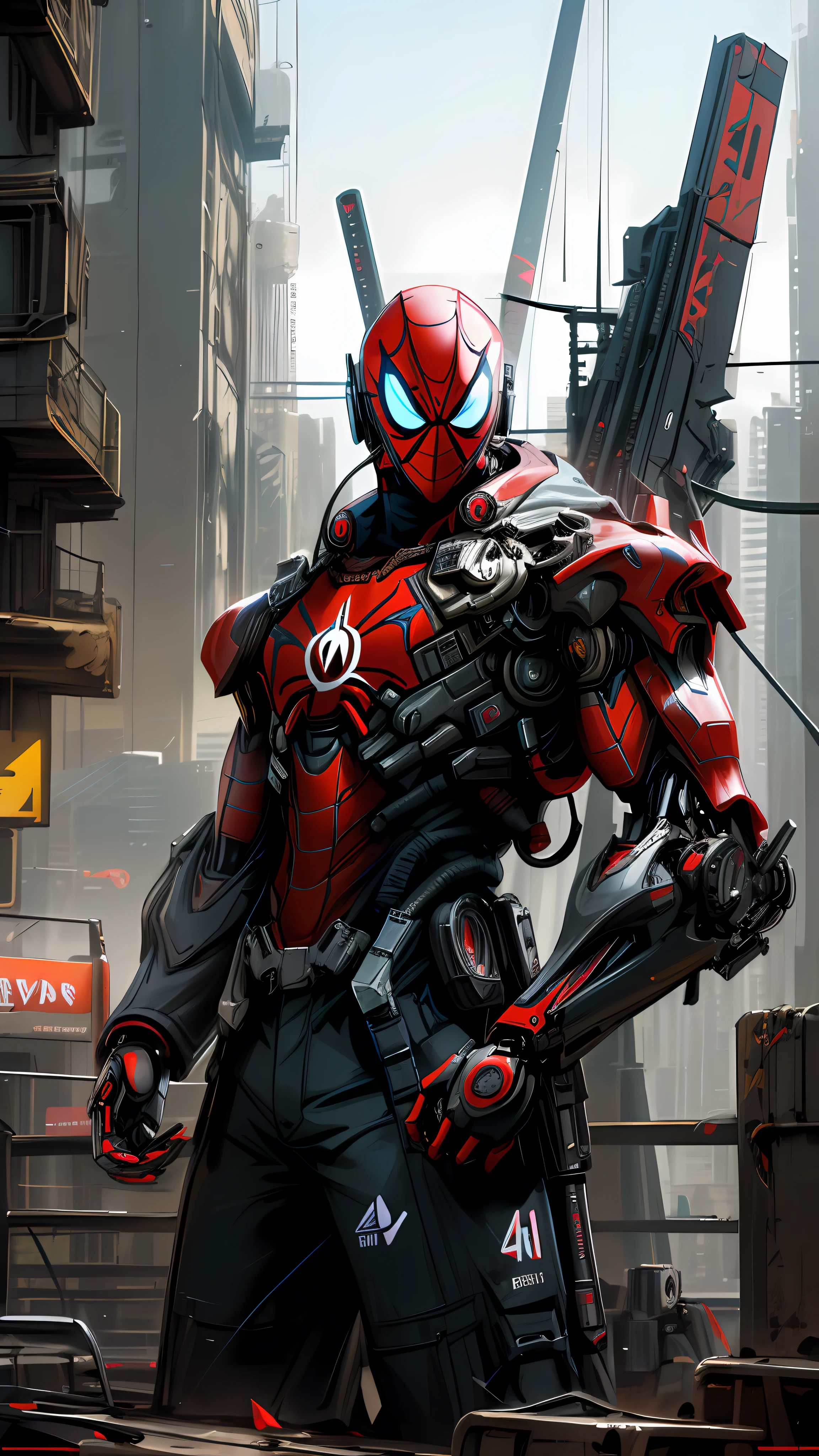 Dark_Fantasy,Cyberpunk, (Best Quality, Masterpiece),White,1Person,Mechanical Miracle,Robotic Presence,Cybernetic Guardian,Wearing a Cybernetic Jacket,Black and Red, Futuristic Deadpool from Marvel, (Cyborg), (Spider-Man),City, Highest Quality Digital Art, Stunning Art, 4k Wallpapers, High Detailed, Warzone, Black & White, Highest Quality Digital Art, Stunning Art, 4k,8k,64k, HD Wallpapers, Unbeatable Masterpiece,  dynamic lighting, cinematic, epic, damaged mechanical parts