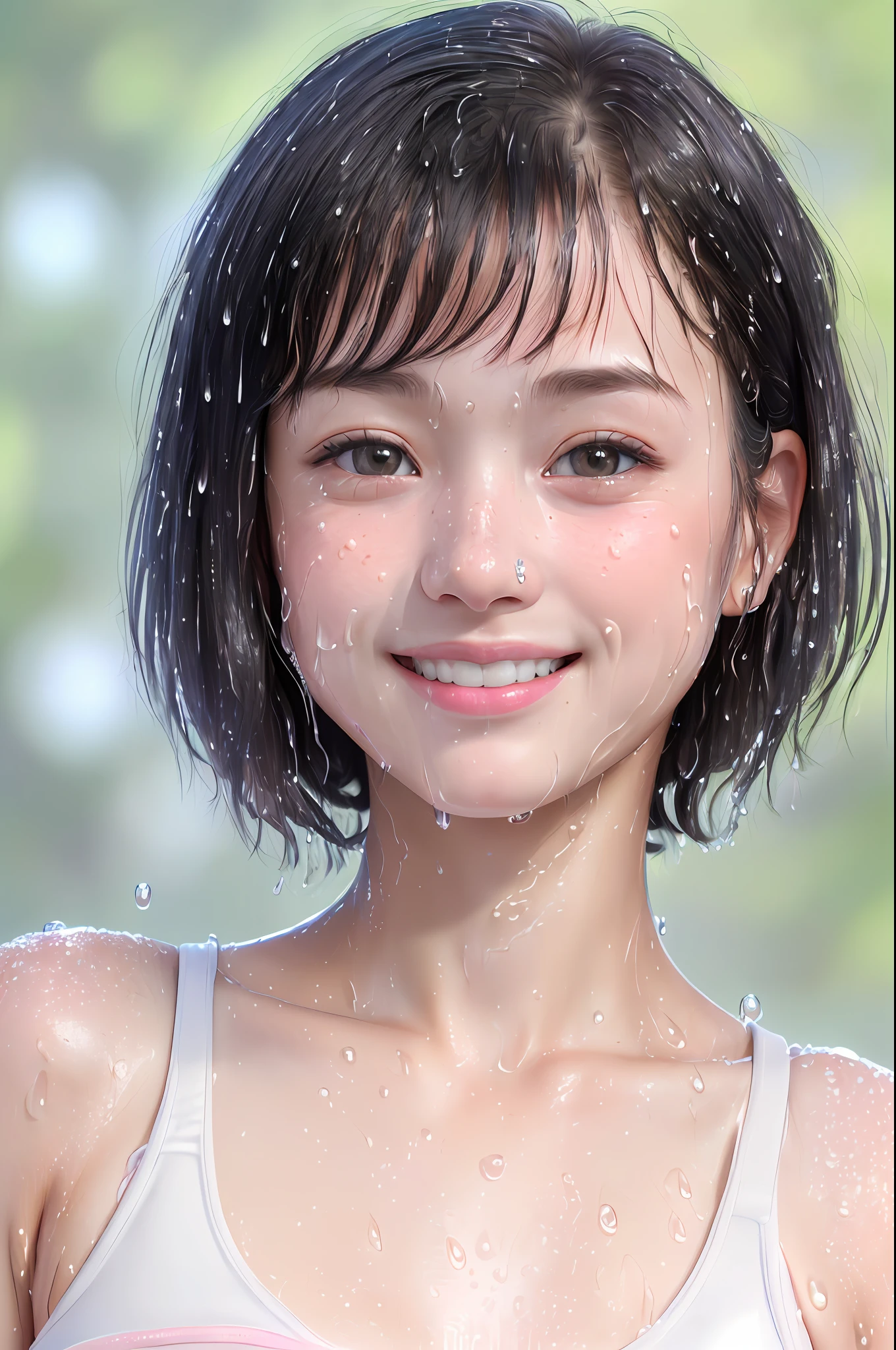 (ultra-high resolution, photorealistic, realistic, best quality, photorealistic), (((high skin detail, visible pores))),(real person, photo), ((mix4)), (8K, raw photo, best quality, masterpiece),(1 Japanese girl), photon mapping, radio accuracy, physical rendering, auto white balance, ((((face close-up, obsessive smile, wet lips, short hair))),mastoid process, watery eyes, (blush | cute and playful  |charming | Skinny | thick bangs | Beauty | 18 years | Children's appearance | up to 18 years old), (((((middle breast,)))),((looking at the viewer)))),(((iris and pupils are rounded, the pupil reflects the surroundings, the eyes are not the same size)), (((((thin)))),