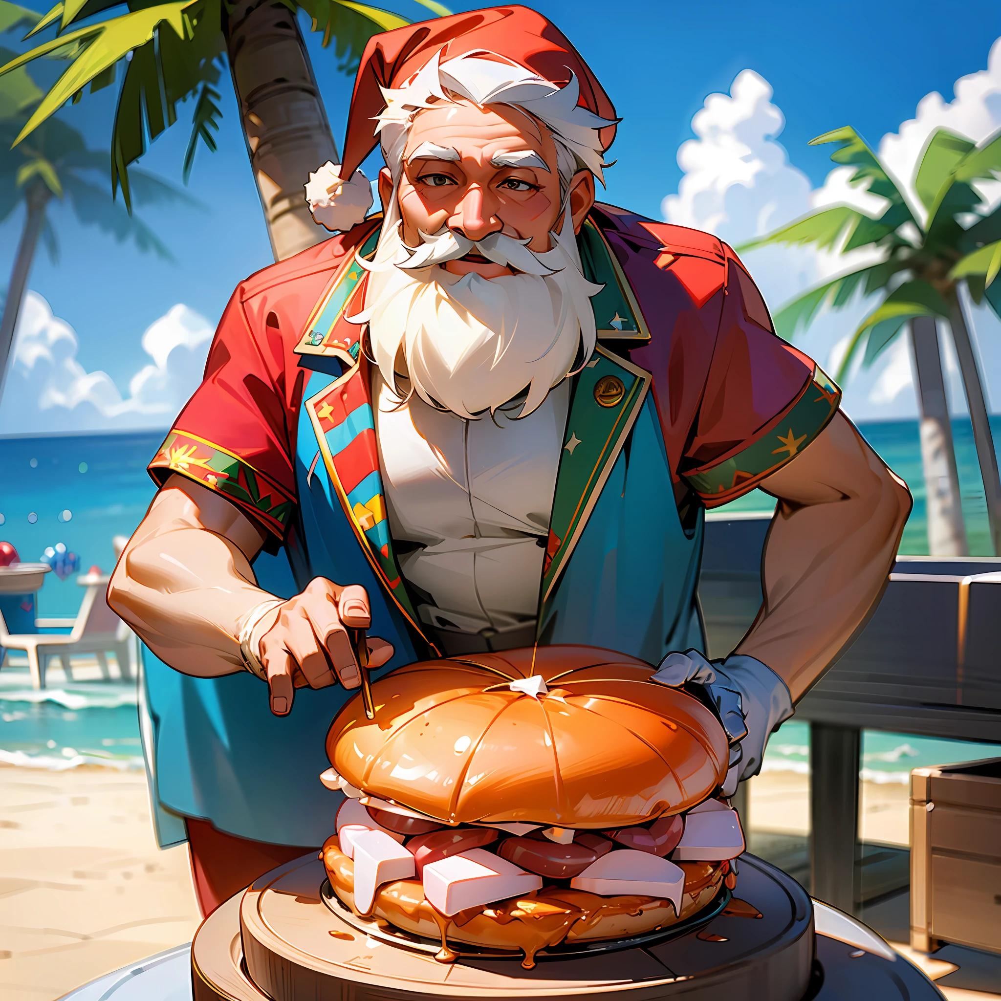 (Dreamshaper model),Santa Claus from Bermuda Florida doing a barbecue, sunny day, joy, relaxation, vivid colors, 1:1 --auto --s2