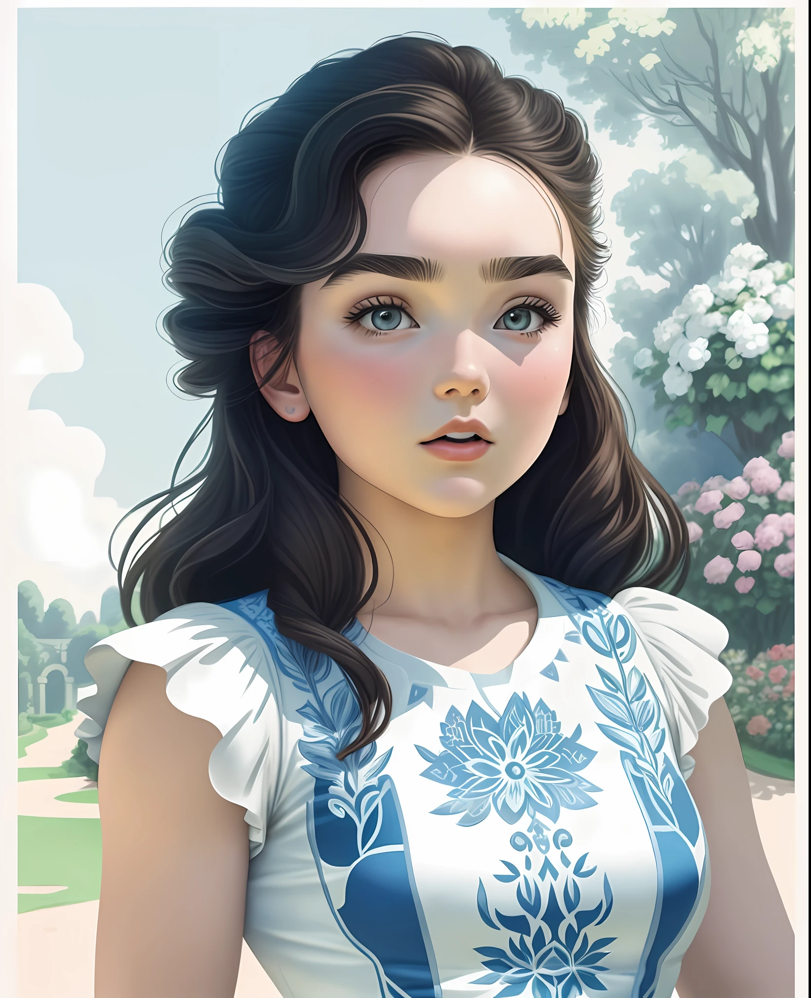 masterpiece, line art of a female character, Florence Pugh shocked expression, detailed country garden background, Art Deco designs,
style by double exposure, no shading, for coloring page, white space, no shadowing,