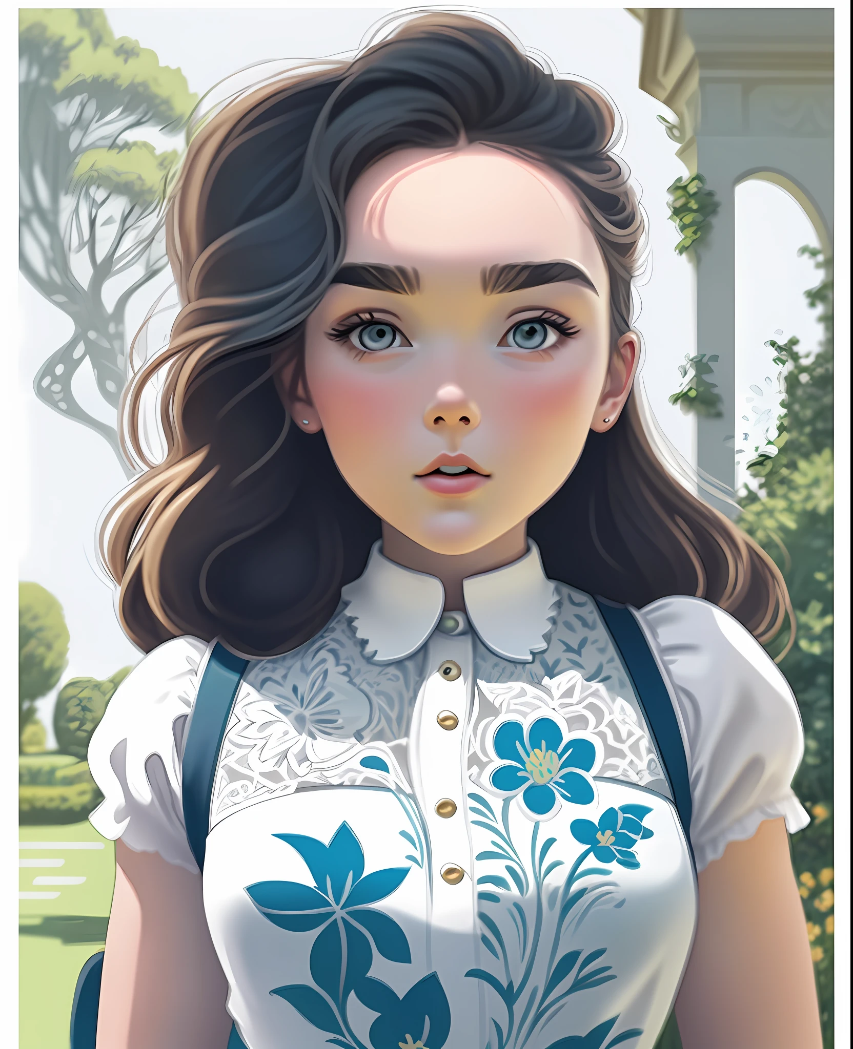 masterpiece, line art of a female character, Florence Pugh shocked expression, detailed country garden background, Art Deco designs,
style by double exposure, no shading, for coloring page, white space, no shadowing,