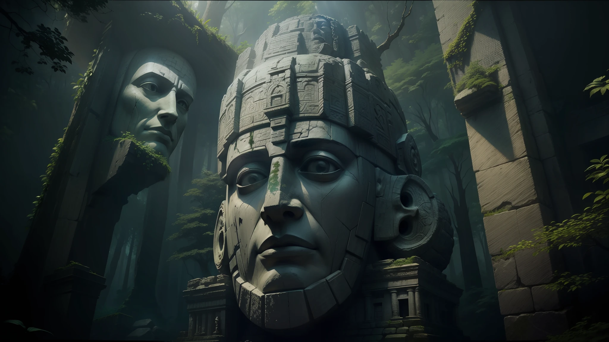 arafed stone statue in a forest with a dark background, unreal maya, huge giant old ruins, realistic facial features ”, in a movie still cinematic, ps3 game, neo - andean architecture, giant head statue ruins, examining ruins, face shown, mekka, broken mask