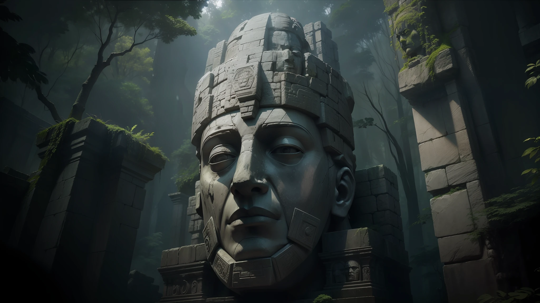 arafed stone statue in a forest with a dark background, unreal maya, huge giant old ruins, realistic facial features ”, in a movie still cinematic, ps3 game, neo - andean architecture, giant head statue ruins, examining ruins, face shown, mekka, broken mask