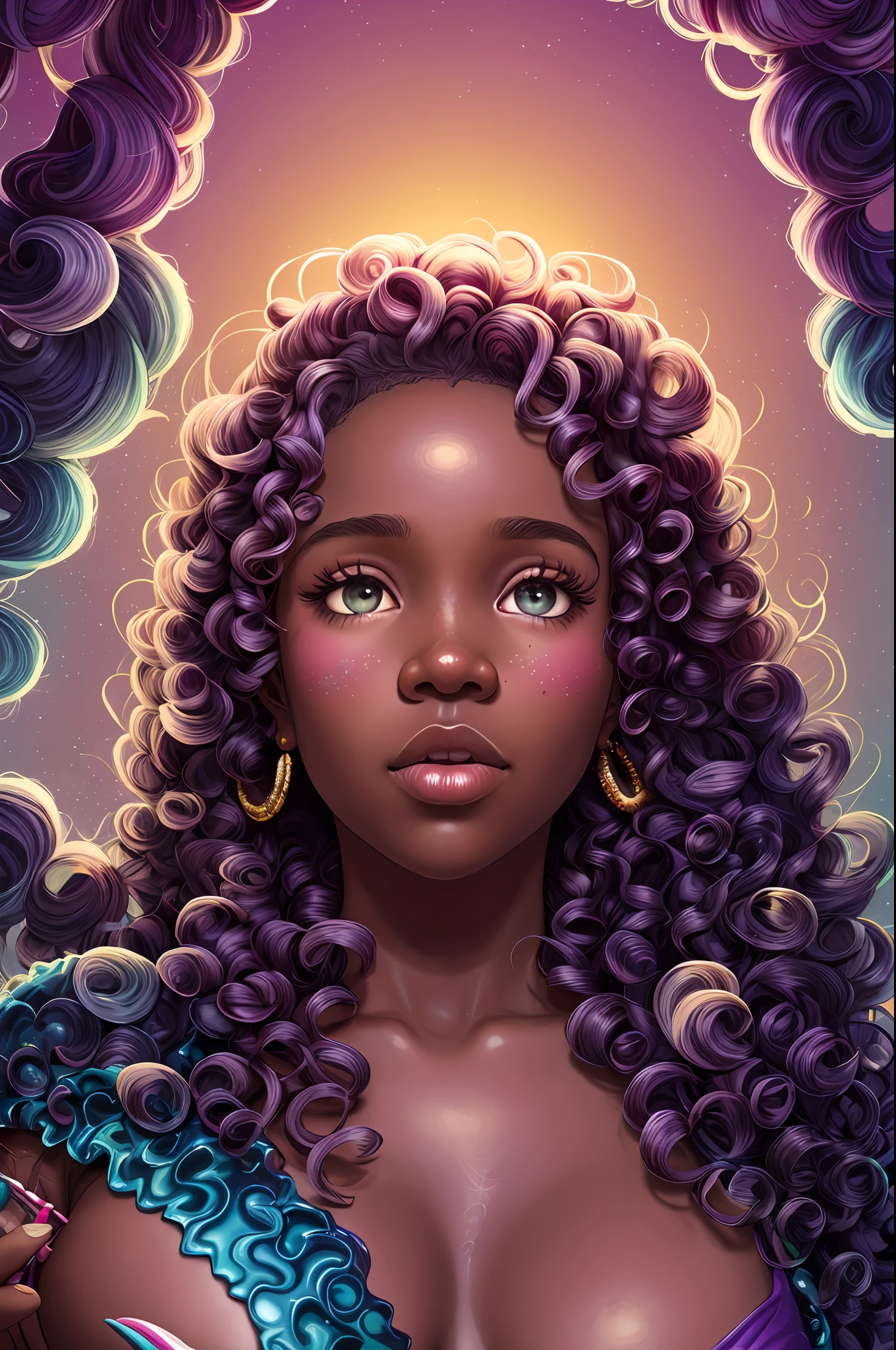 Afro-textured hair, sparkling eyes, dark skin, extreme long curly messed hair, cute jiggly fat round belly voluptuous body, heterochromia eyes, really curly hair, dark skin, round belly voluptuous body, (dan mumford:1.3) cinematic style, girl eating ice cream, candies flying all around her, (correct ???????:1.2), (????:0.9), gradient lovecraft colors.