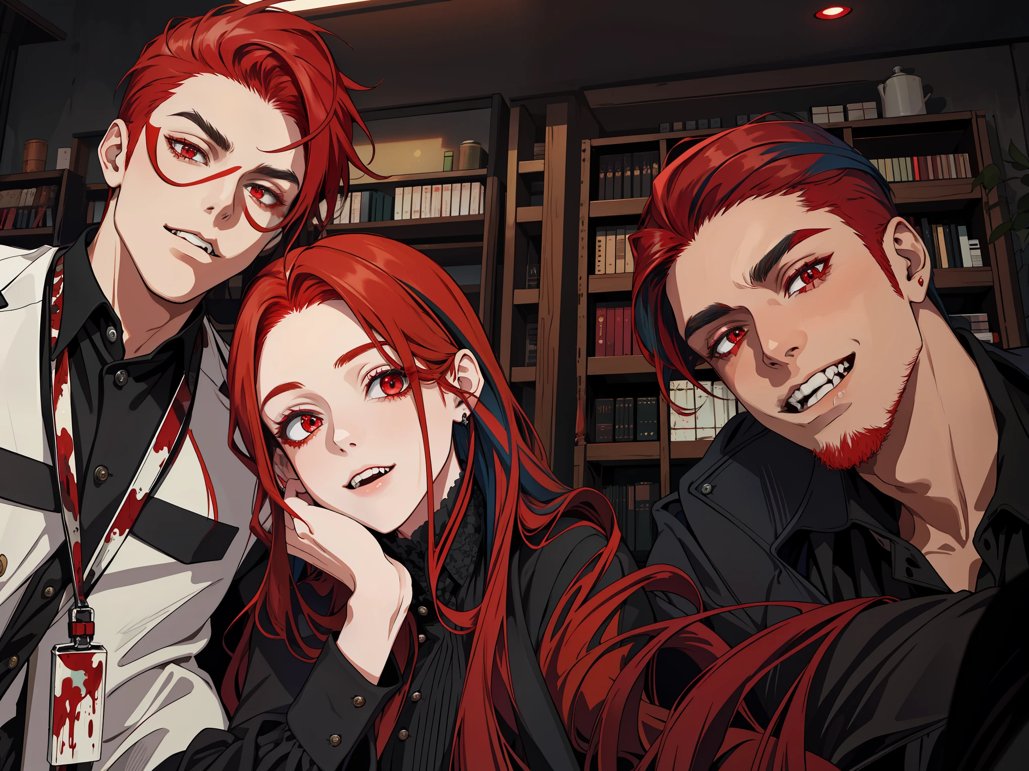 masterpiece, best quality, highres, 1girl, solo, vamipre queen, blood red hair, long hair, multicolored hair, open hair, ewd eyes, two-tone hair, evil, 2 boys on her both sides, both vampires with red hair, black and black outfit, dark background