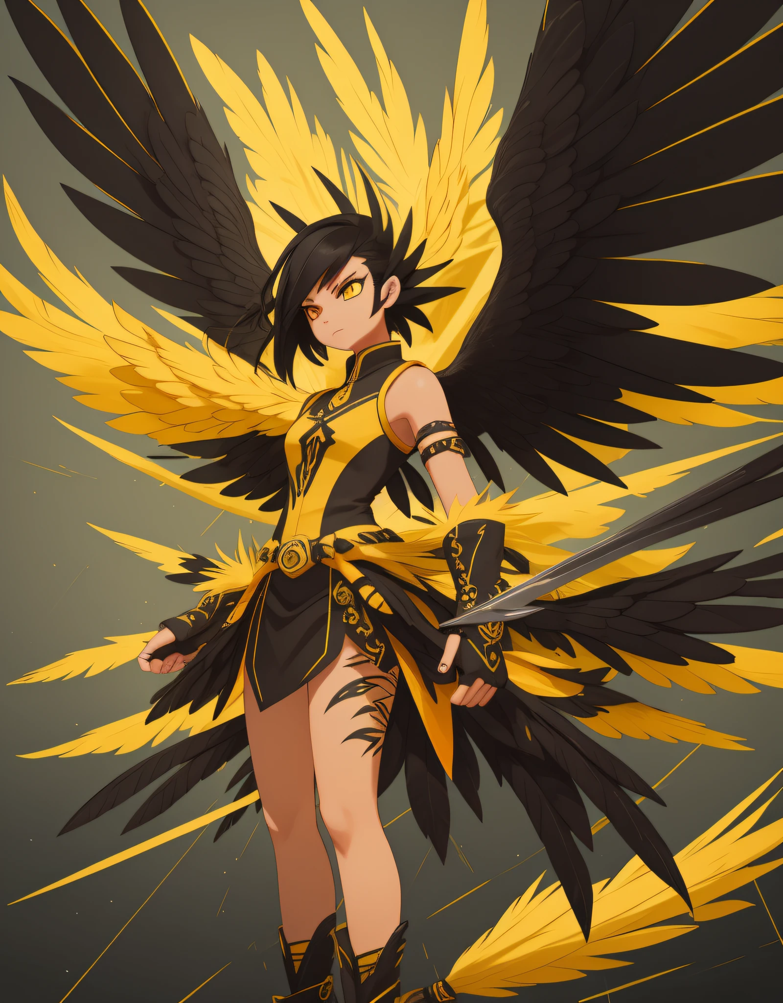 Thunderbird, (monster girl), yellow feathers, short spiky black hair, yellow and black blade-like wings, yellow and black blade-like tail, orange talons, wicked modest clothing, masterpiece, best quality