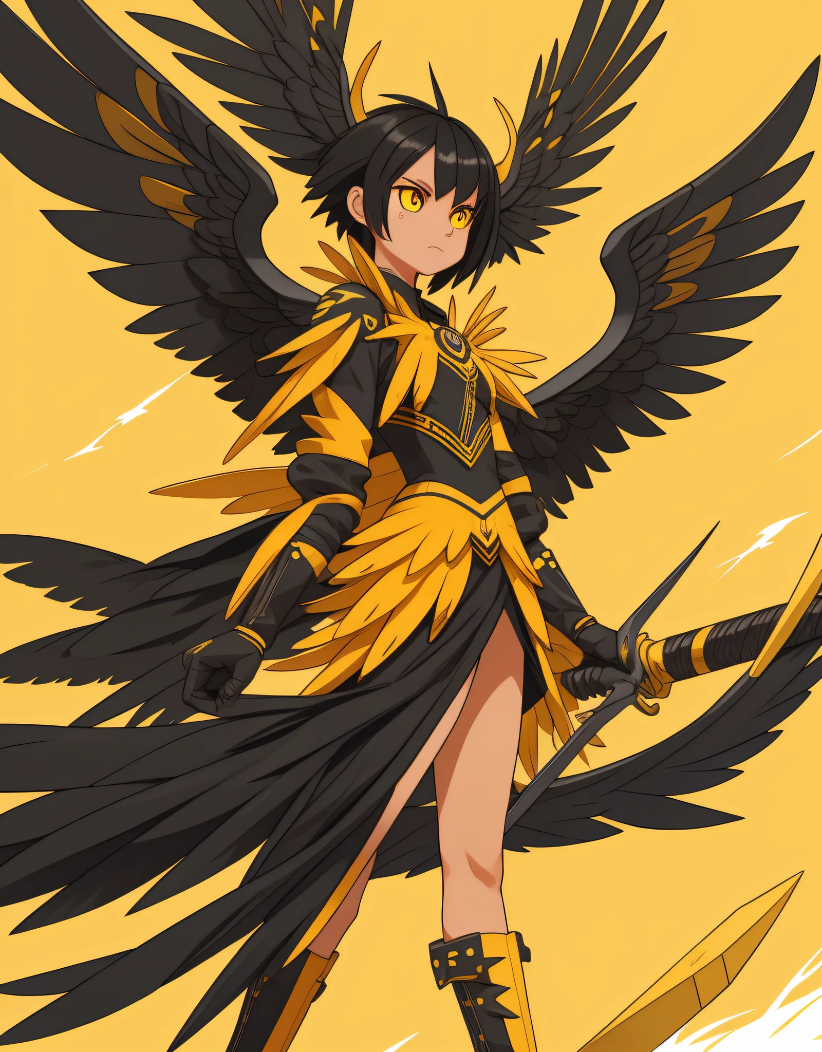 Thunderbird, (monster girl), yellow feathers, short spiky black hair, yellow and black blade-like wings, yellow and black blade-like tail, orange talons, wicked modest clothing, masterpiece, best quality