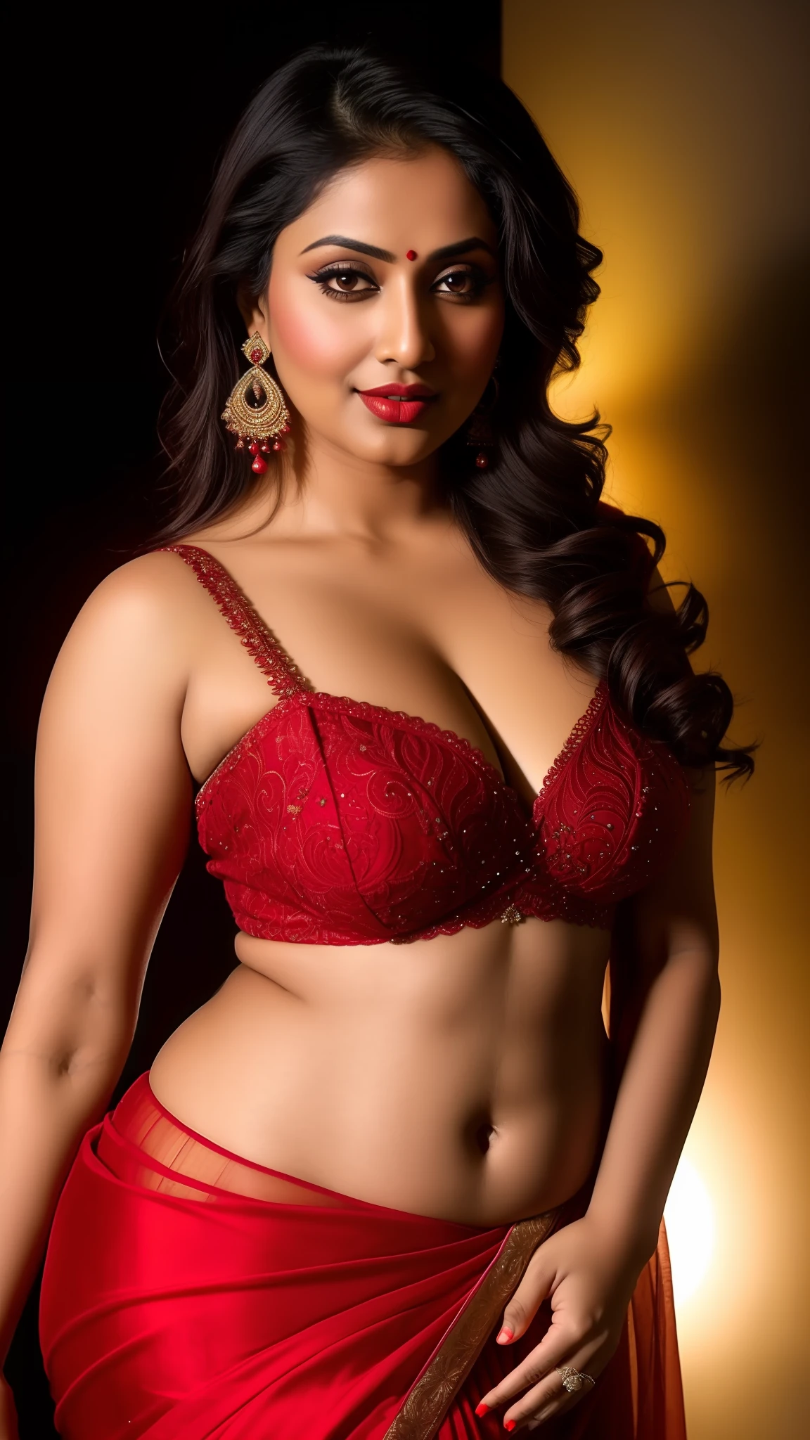 close up photo of a sexy married bengali woman, curvy body, large breasts, night scene, cleavage show, chubby cheeks, deep navel, nose ring, earring, seductive face, dark red lipstick, wearing a crimson saree, 40 year old woman, soft volumetric lights, (backlit:1.3), (cinematic:1.3), intricate details, (ArtStation:1.2)