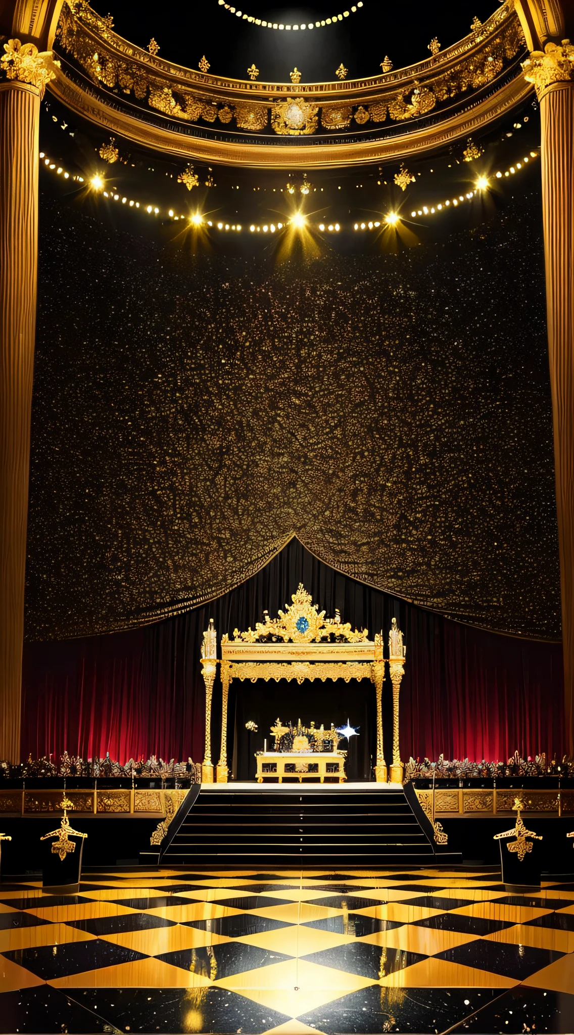 (photorealistic: 1.4) (ultra-detailed) (guitars and microphones) (speakers) (royal palace) popstar, movie scene (black and gold), sparkles, splendor, wealth, nobility, sensual, vinyl record, party, background, no people, empty stage, futuristic, rock elements