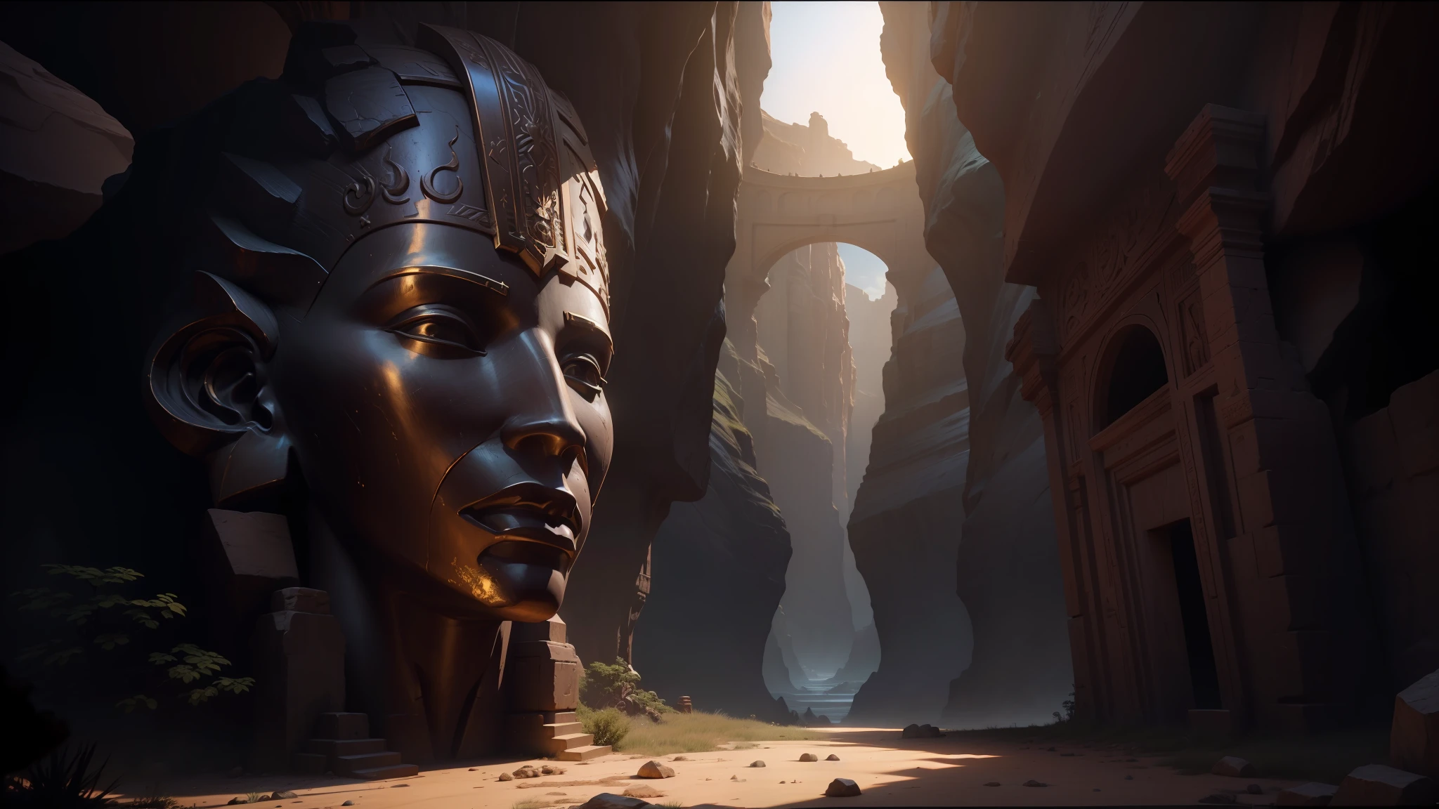 there is a large wooden statue in the middle of a narrow canyon, unreal engine 5 renderered, inspired by Ras Akyem, giant gold head statue ruins, video game screenshot>, still from a music video, by Thomas Crane, giant majestic archways, inspired by ferdinand knab
