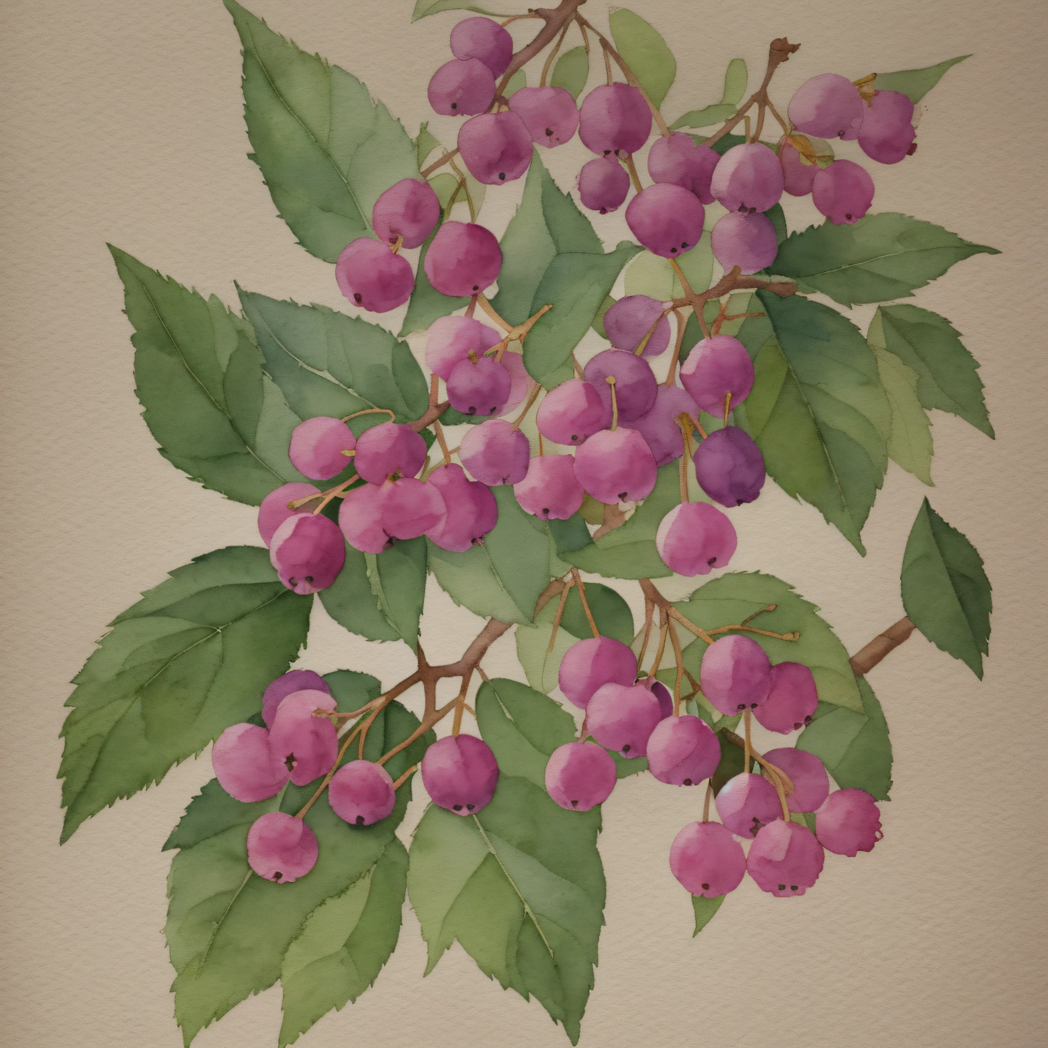 watercolor, juneberries, mulberry flowers, leaves, high contrast, light background, muted --auto --s2