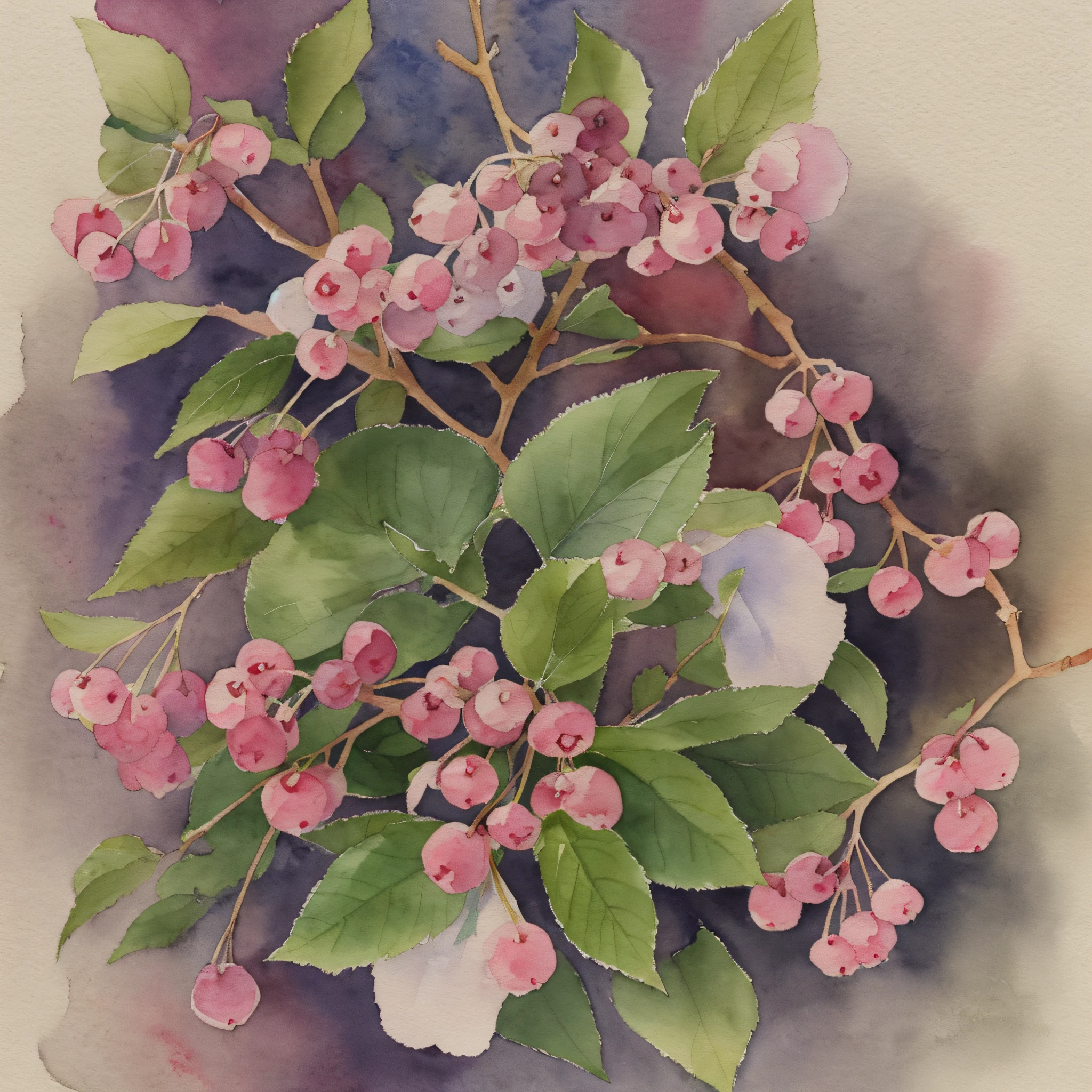 watercolor, juneberries, mulberry flowers, leaves, high contrast, light background, muted --auto --s2
