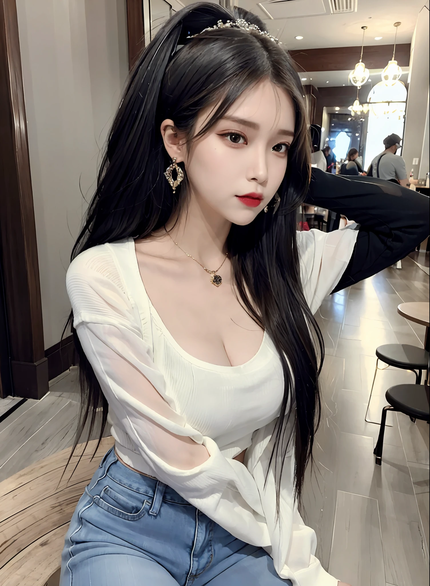 (Masterpiece: 1.2, Best Quality), (Real Pictures, Intricate Details), 1 Lady, Solo, Upper Body, Big Breasts, Big Breasts 1.2
Clothing: Oversized lace half sleeves, ripped jeans or leggings, sneakers or combat boots, Accessories: Beanie, Statement earrings, Hair: Low ponytail, Makeup: Simple, bold lips, Behavior: laid-back, cool, indie, fashionable, beautiful, sexy, location: city street, park, coffee shop, room