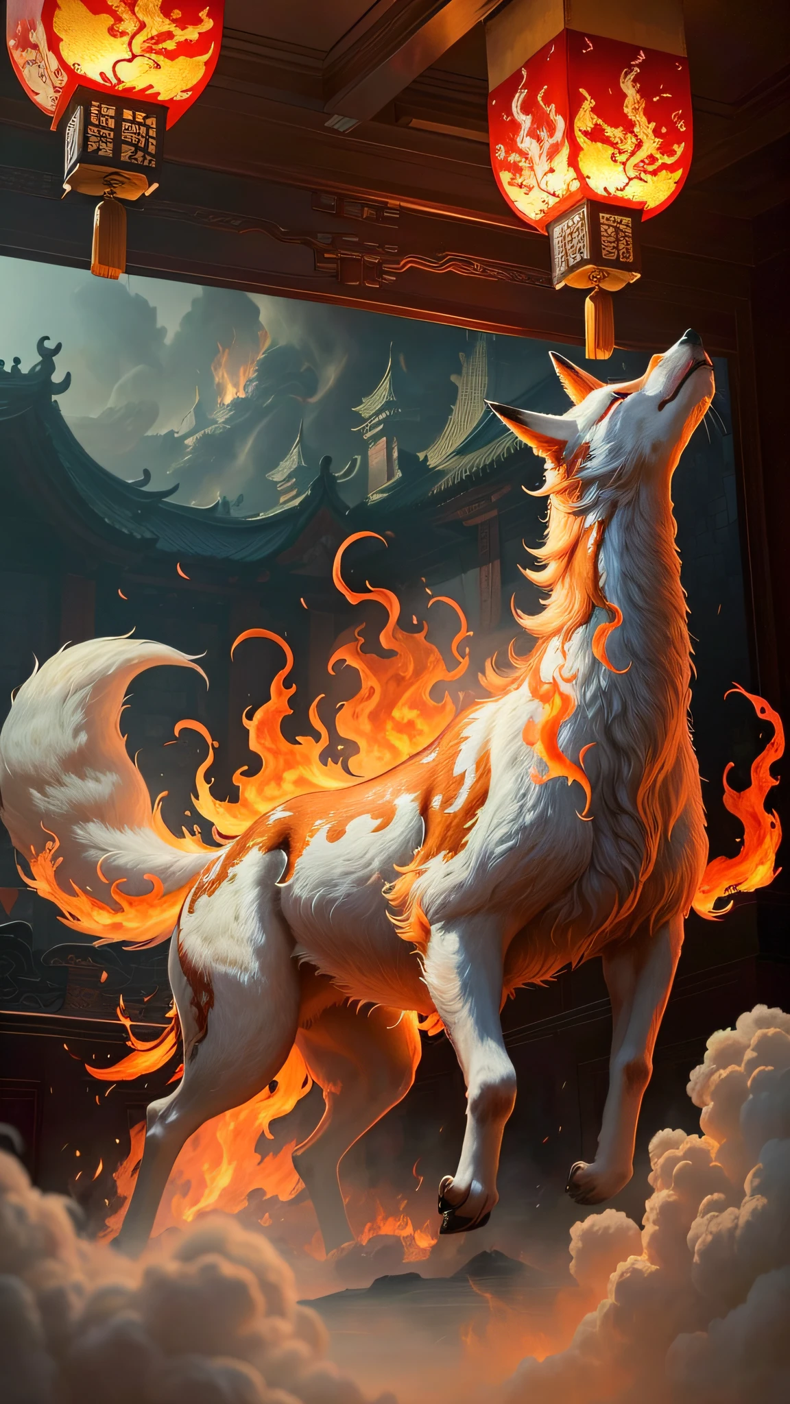 Real scenes, soaring fires, burning Chinese palaces, blurred figures of a huge nine-tailed fox covered in fire, cloudy, majestic, glazed tiles, colorful lights, masterpieces, high quality, exquisite graphics, high detail