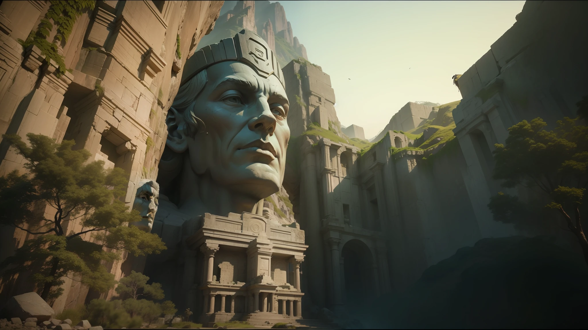 there is a large stone statue of a man in the mountains, realistic maya, futuristic ruins, awarded on cgsociety, cinemática, still image from tv series, giant head statue ruins, in-game footage, latino features, atlantis, face shown, realistic shaders