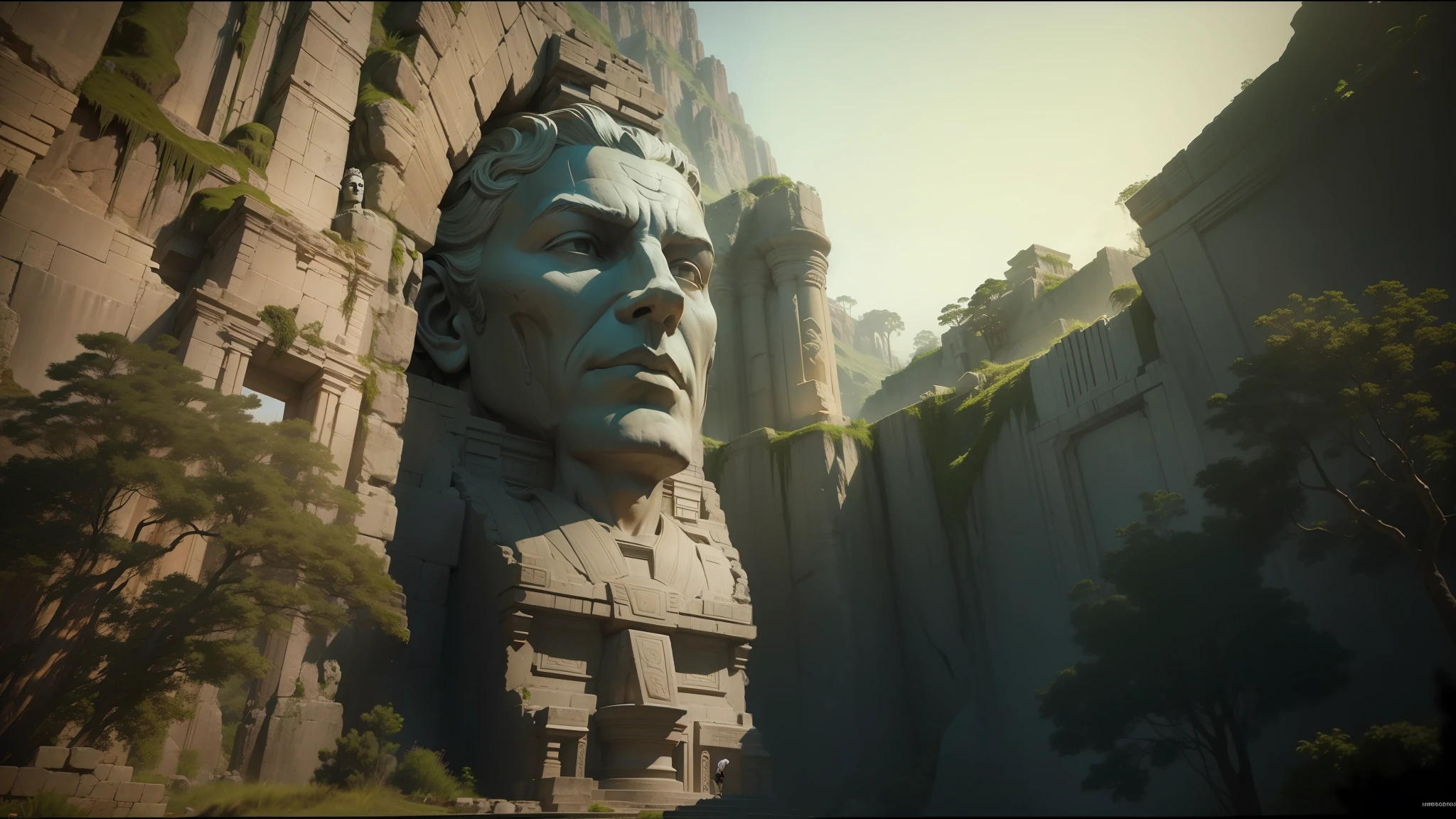 there is a large stone statue of a man in the mountains, realistic maya, futuristic ruins, awarded on cgsociety, cinemática, still image from tv series, giant head statue ruins, in-game footage, latino features, atlantis, face shown, realistic shaders