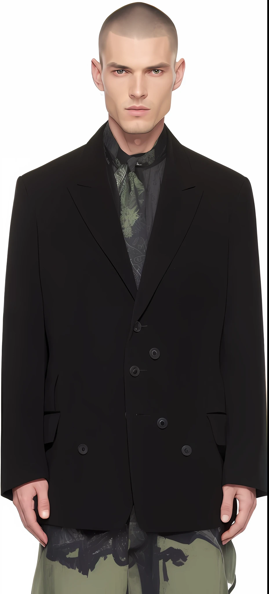 a man in a black jacket and green pants with a tie, worn black coat, benjamin vnuk, yohji yamamoto, black overcoat, dries van noten, wearing a fancy black jacket, a man wearing a black jacket, wearing a black blazer, by Alexander Mann, focus on art nouveau suit, black jacket, wearing a black jacket, black coat