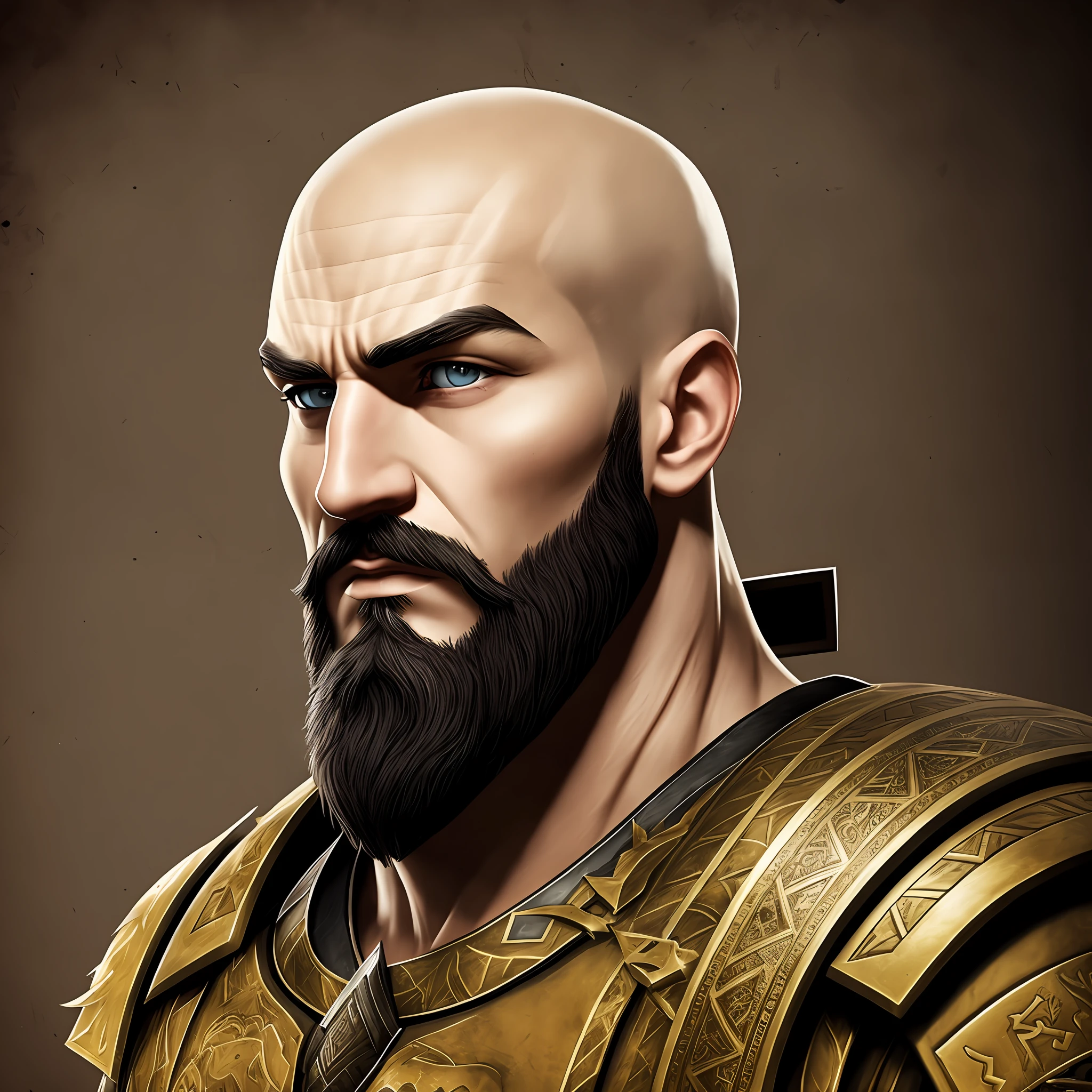 Bald white man with beard and black eyes, thick eyebrows, young 25 years old, in the style of a game character, warrior clothes, and strong --auto --s2
