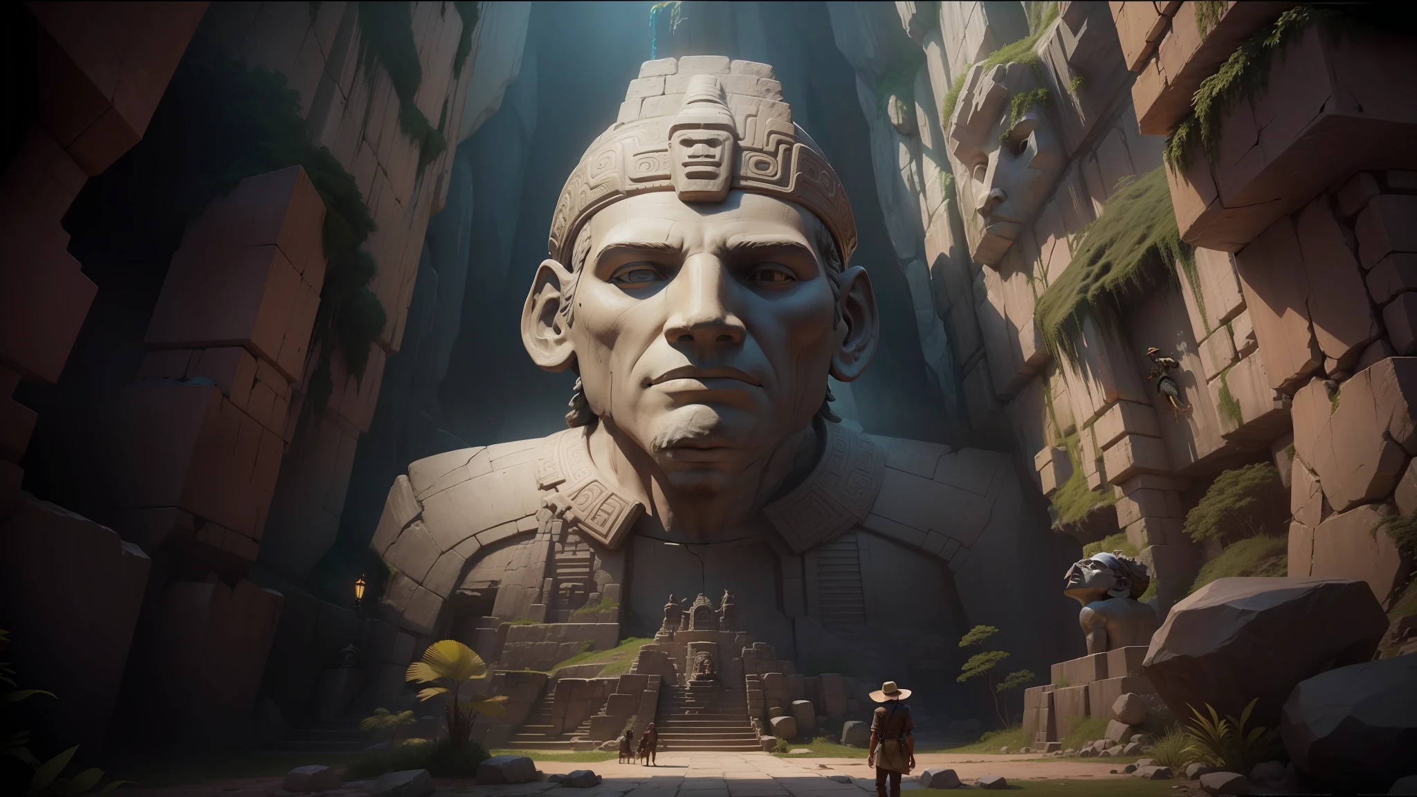 there is a statue of a man in a hat in a cave, cinematic cgsociety, in the art style of quetzecoatl, still image from the movie, giant head statue ruins, inspired by Karel Dujardin, inca themed smooth, travel ad, the witness