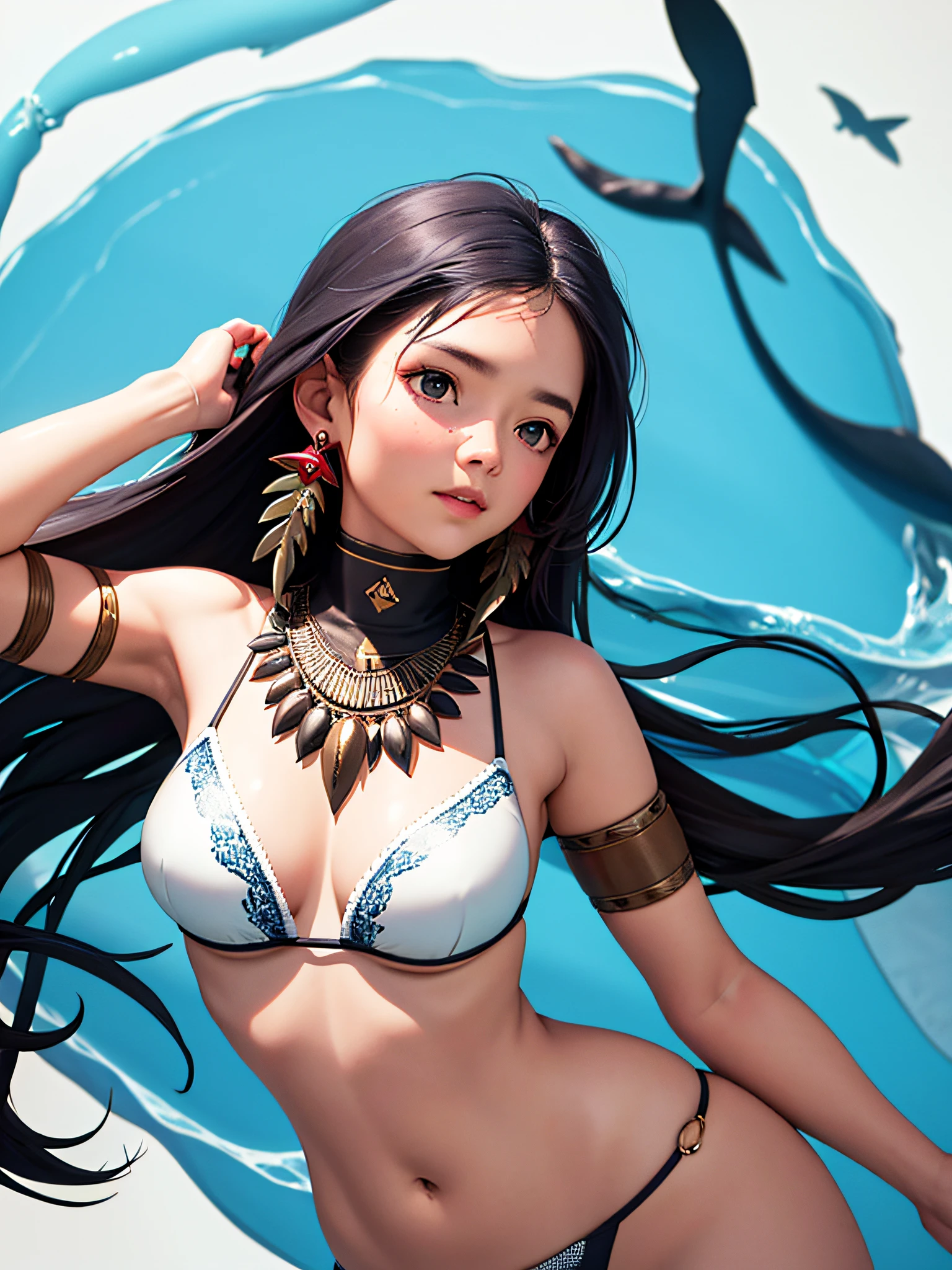a tribal woman, swimming away from sharks
