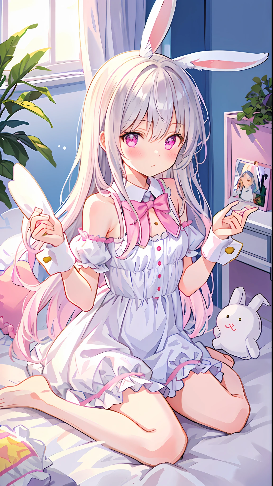 beautiful illustration, best quality, cute girl, bedroom, pastel color, fluffy bunny ears, petite, silver long hair, rabbit stuffed toy, bright lighting, light pink eyes
