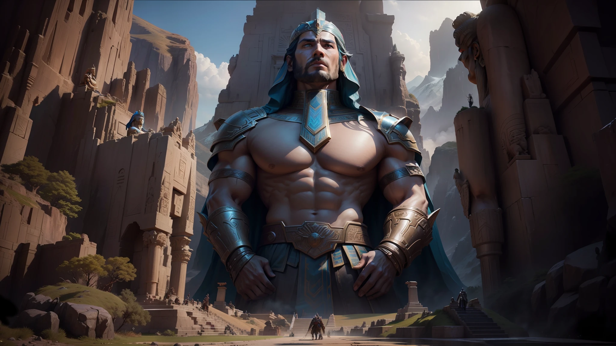 there is a giant statue of a man standing in front of a mountain, film still from 'thor', inspired by Tyler Edlin, ancient india, sexy movie photo, queen of atlantis, gigantic pillars, the sphinx, still frame from a movie, korean mmo, from the mandalorian (2019), egyptian god, emperor of the known universe, monuments