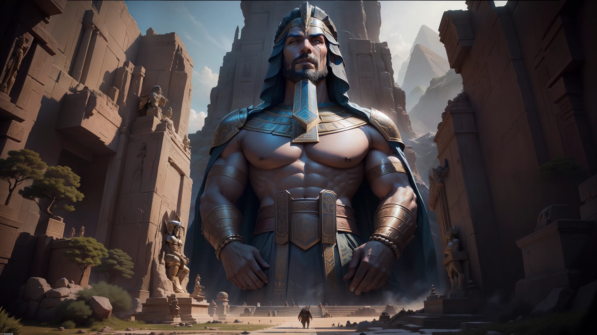 there is a giant statue of a man standing in front of a mountain, film still from 'thor', inspired by Tyler Edlin, ancient india, sexy movie photo, queen of atlantis, gigantic pillars, the sphinx, still frame from a movie, korean mmo, from the mandalorian (2019), egyptian god, emperor of the known universe, monuments
