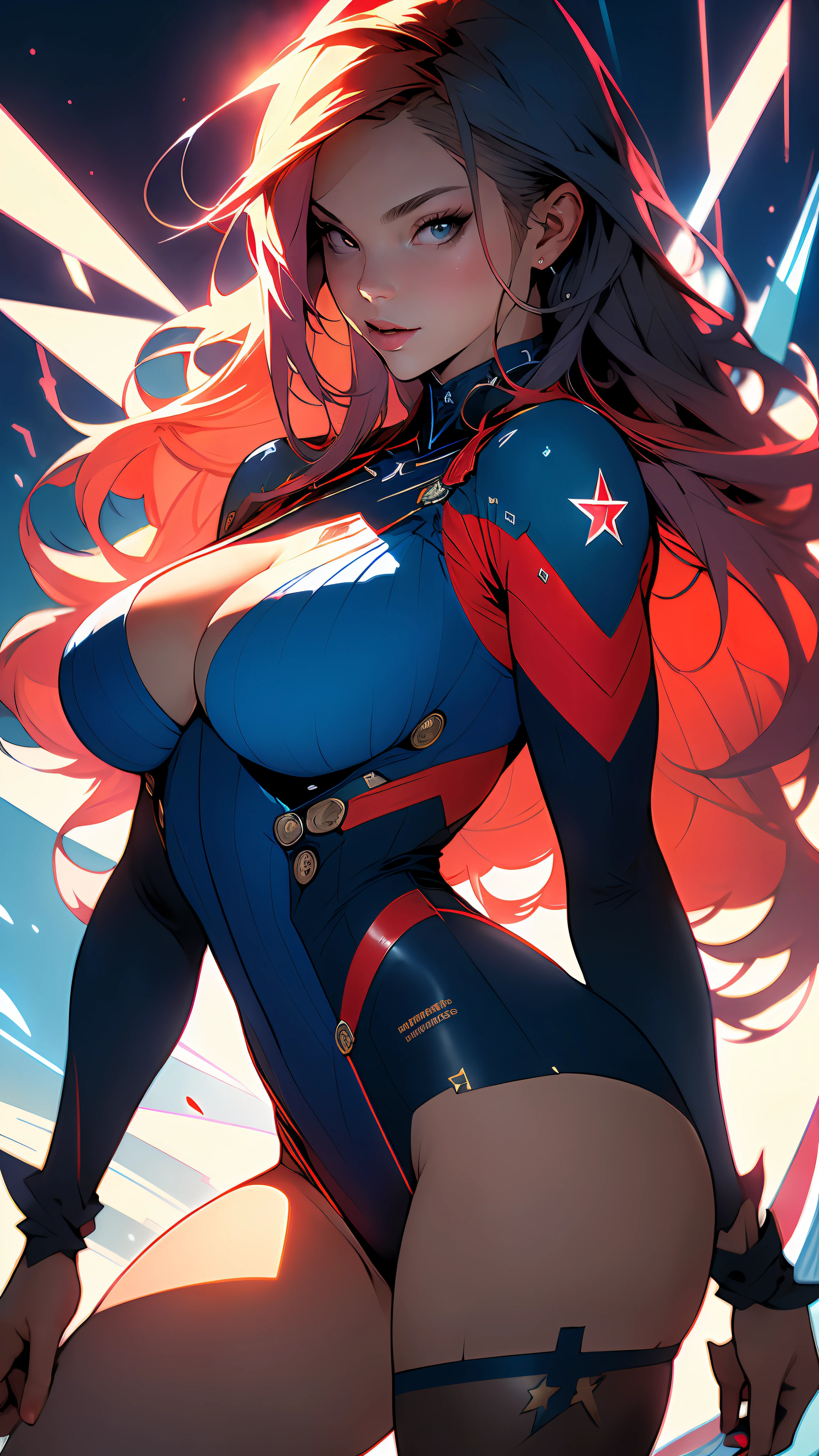 ((Best quality)), ((masterpiece)), (detailed: 1.4), Absurd, Caucasian woman fighter pilot ready for war, muscular body defined, half-thick thighs bare, mouth closed, only panties, muscular body parts covered by technological clothing, (((large breasts)) perfect, generous neckline, ((dark blue,red and white clothing)), USA, pastel, long red straight hair, short underwear, garter belt, by mucha, niji --V5, close to real, best quality, almost naked, psychopath, crazy face, sexy pose, 2 pieces outfit, star and lightning drawings on the arms, cyberpunk, dark blue bra with 5-pointed stars covering the breasts, red and white stripes on the arms, pointed shoulder pads, blue eyes without pupils, HDR (High Dynamic Range),Ray Tracing, NVIDIA RTX,Super-Resolution,Unreal 5,Subsurface Dispersion, PBR Texture, Post-processing, Anisotropic filtering, Depth of field, Maximum clarity and sharpness, Multilayer textures, Albedo and specular maps, Surface shading, Accurate simulation of light-material interaction, Perfect proportions, Octane Render, Two-tone lighting, Wide aperture, Low ISO, White balance, Rule of thirds, 8K
