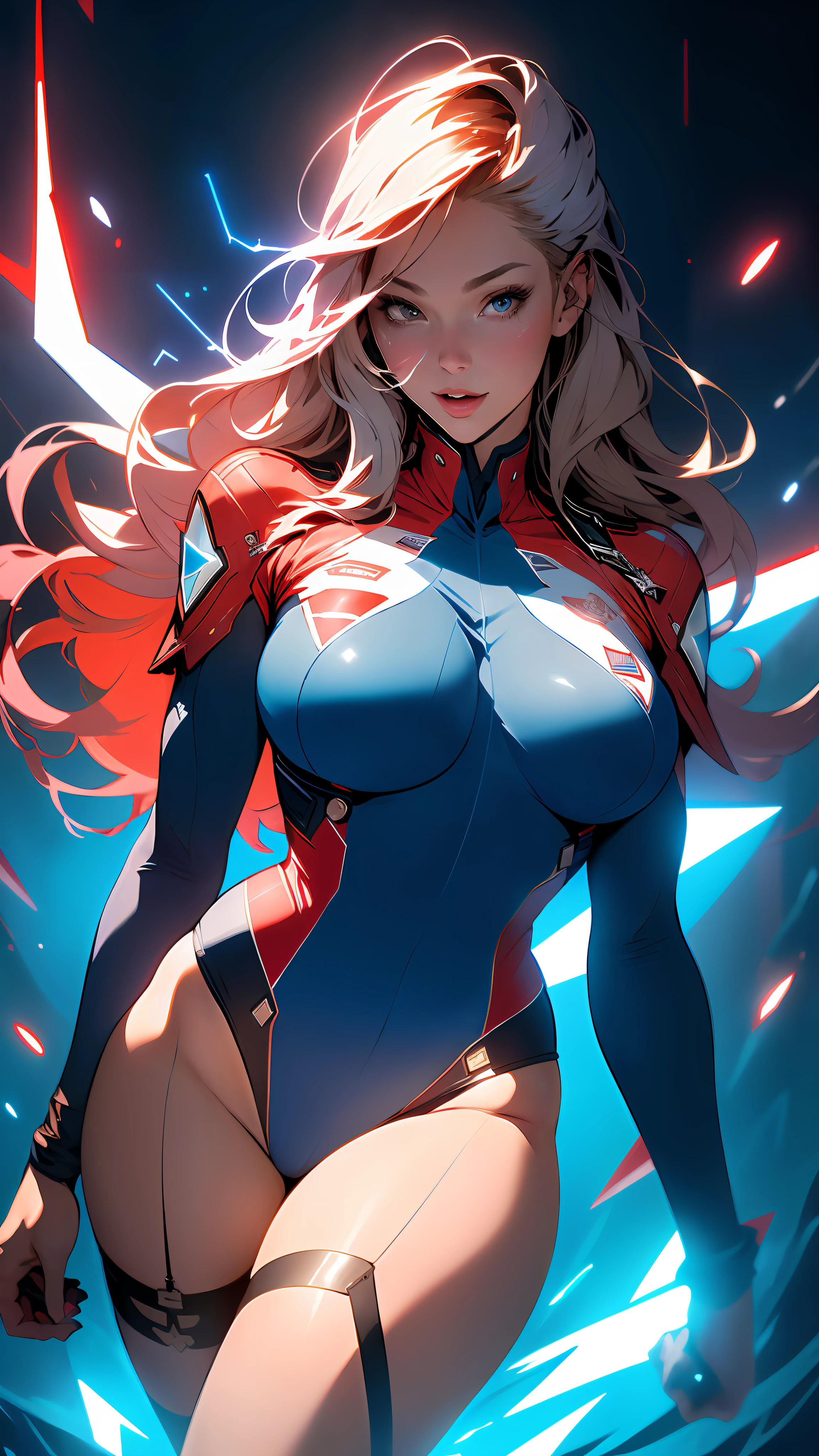 ((Best quality)), ((masterpiece)), (detailed: 1.4), Absurd, Caucasian woman fighter pilot ready for war, muscular body defined, half-thick thighs bare, mouth closed, only panties, muscular body parts covered by technological clothing, (((large breasts)) perfect, generous neckline, ((dark blue,red and white clothing)), USA, pastel, long red straight hair, short underwear, garter belt,  by mucha, niji --V5, close to real, best quality, almost naked, psychopath, crazy face, sexy pose, 2 pieces outfit, star and lightning drawings on the arms, cyberpunk, dark blue bra with 5-pointed stars covering the breasts, red and white stripes on the arms, pointed shoulder pads, blue eyes without pupils, HDR (High Dynamic Range),Ray Tracing, NVIDIA RTX,Super-Resolution,Unreal 5,Subsurface Dispersion, PBR Texture, Post-processing, Anisotropic filtering, Depth of field, Maximum clarity and sharpness, Multilayer textures, Albedo and specular maps, Surface shading, Accurate simulation of light-material interaction, Perfect proportions, Octane Render, Two-tone lighting, Wide aperture, Low ISO, White balance, Rule of thirds, 8K