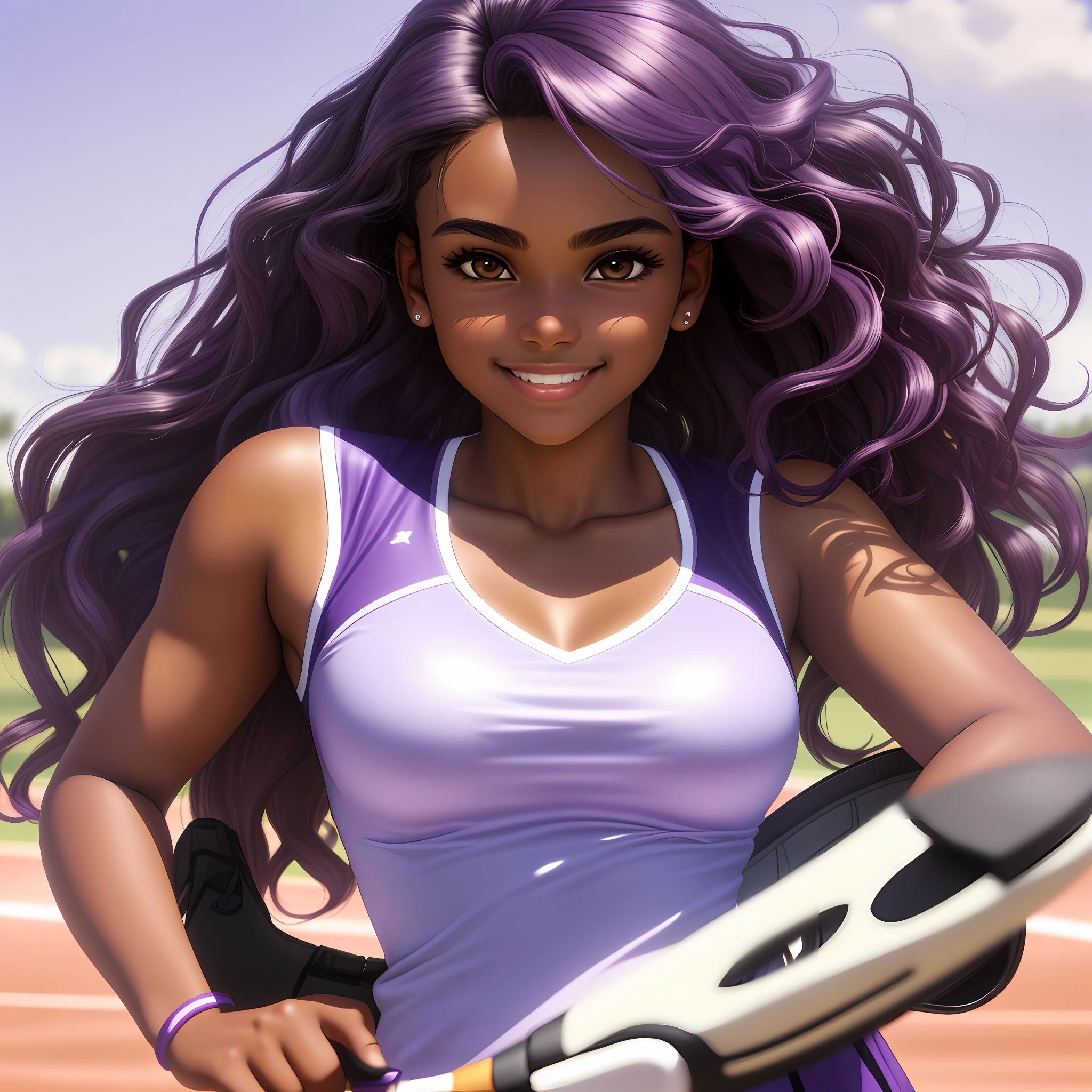 A cute girl with brown skin, sexy body, wavy purple hair [with shades of black], golden eyes (shiny), ultra realistic eyes, playing tennis, smile, with tennis player's outfit, sexy, round face, realistic lighting, Radiosity, Close UP.