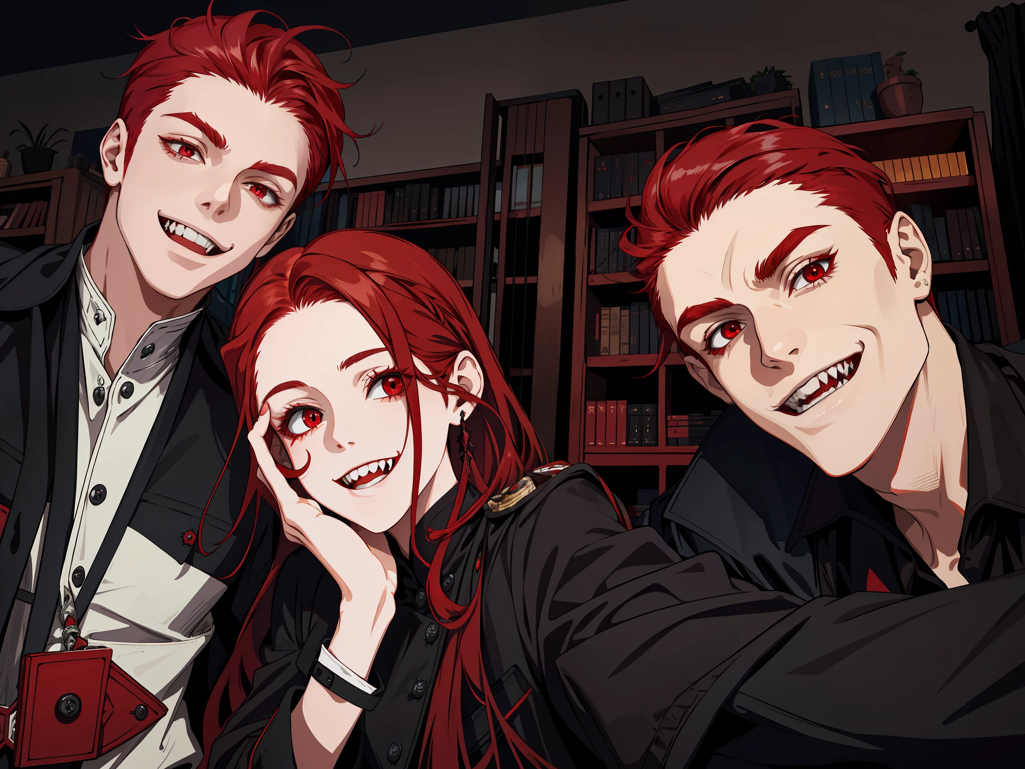 masterpiece, best quality, highres, 1girl, solo, modern vanpire, red hair, long hair, open hair, red eyes, evil smile, 2 boys on her both sides, both vampires with red hair, black and black outfit, scary background