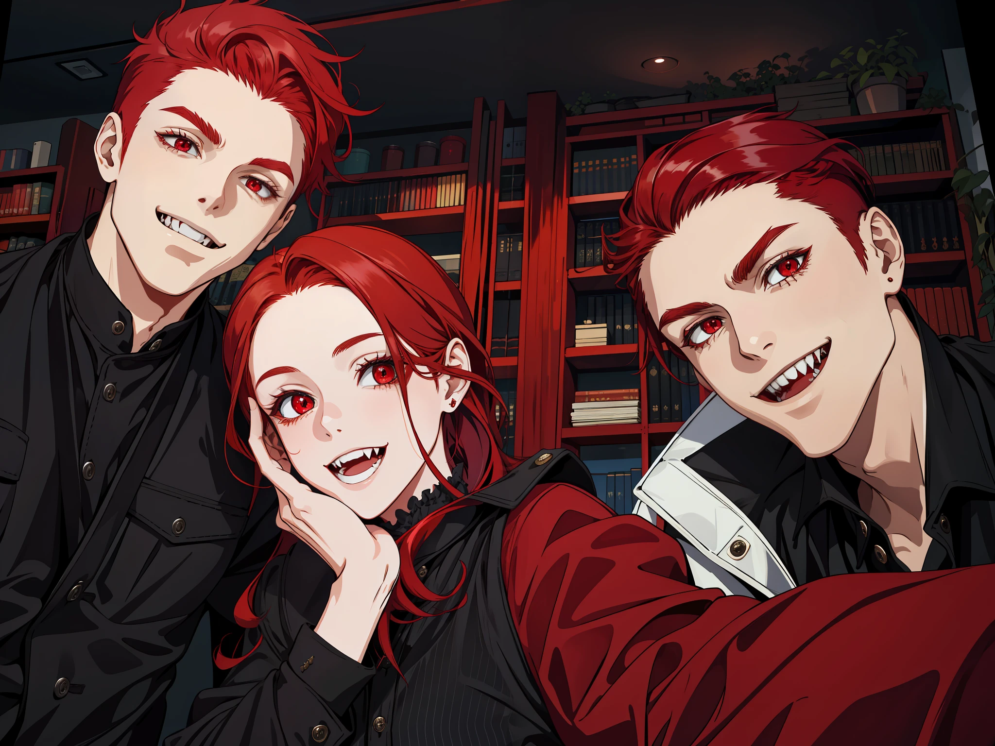 masterpiece, best quality, highres, 1girl, solo, modern vanpire, red hair, long hair, open hair, red eyes, evil smile, 2 boys on her both sides, both vampires with red hair, black and black outfit, scary background
