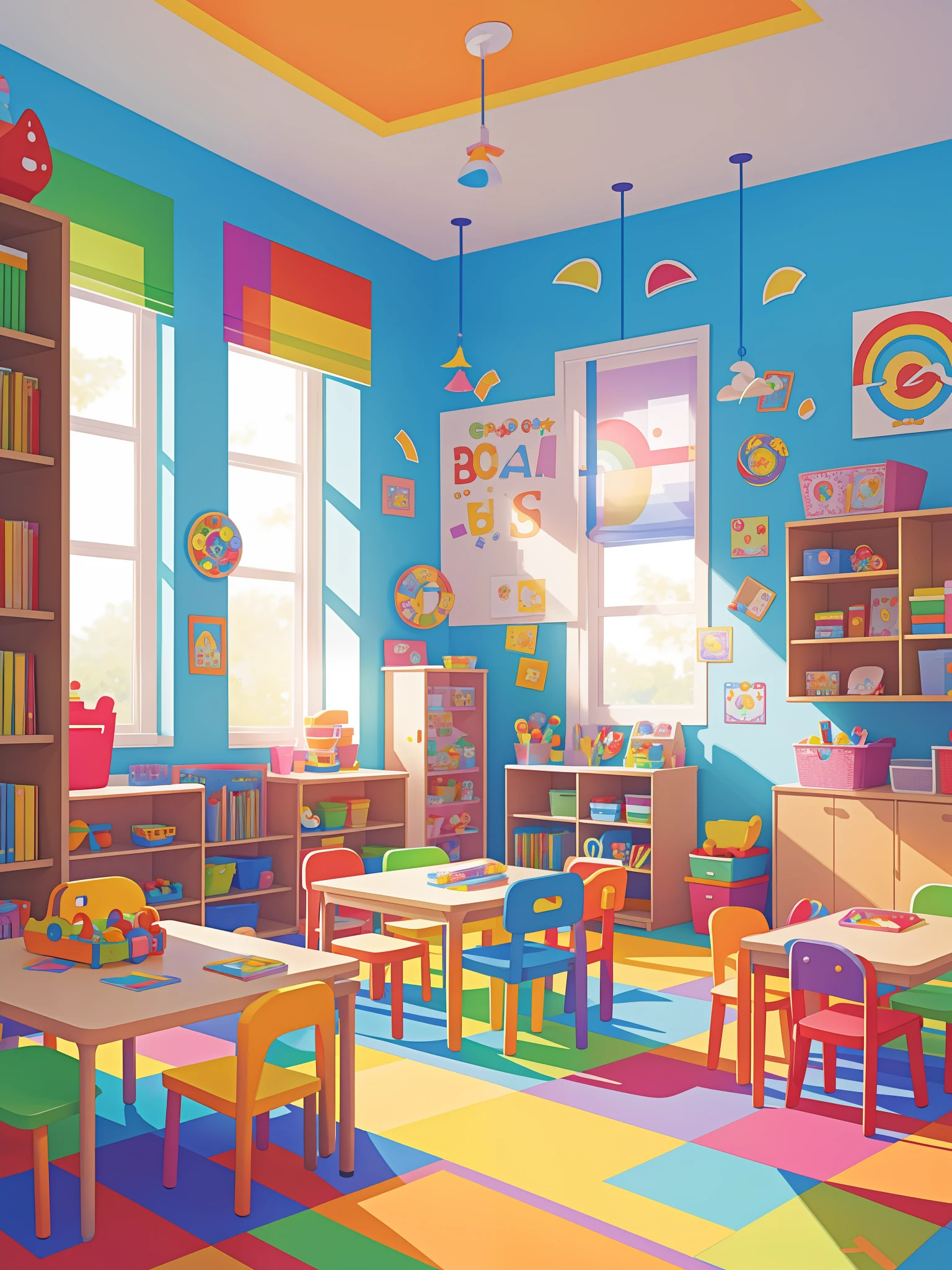 "Inside a brightly lit kindergarten classroom on a sunny school day, full of toys, messy, a rainbow gleams in the clear sky outside. sparkling decor."