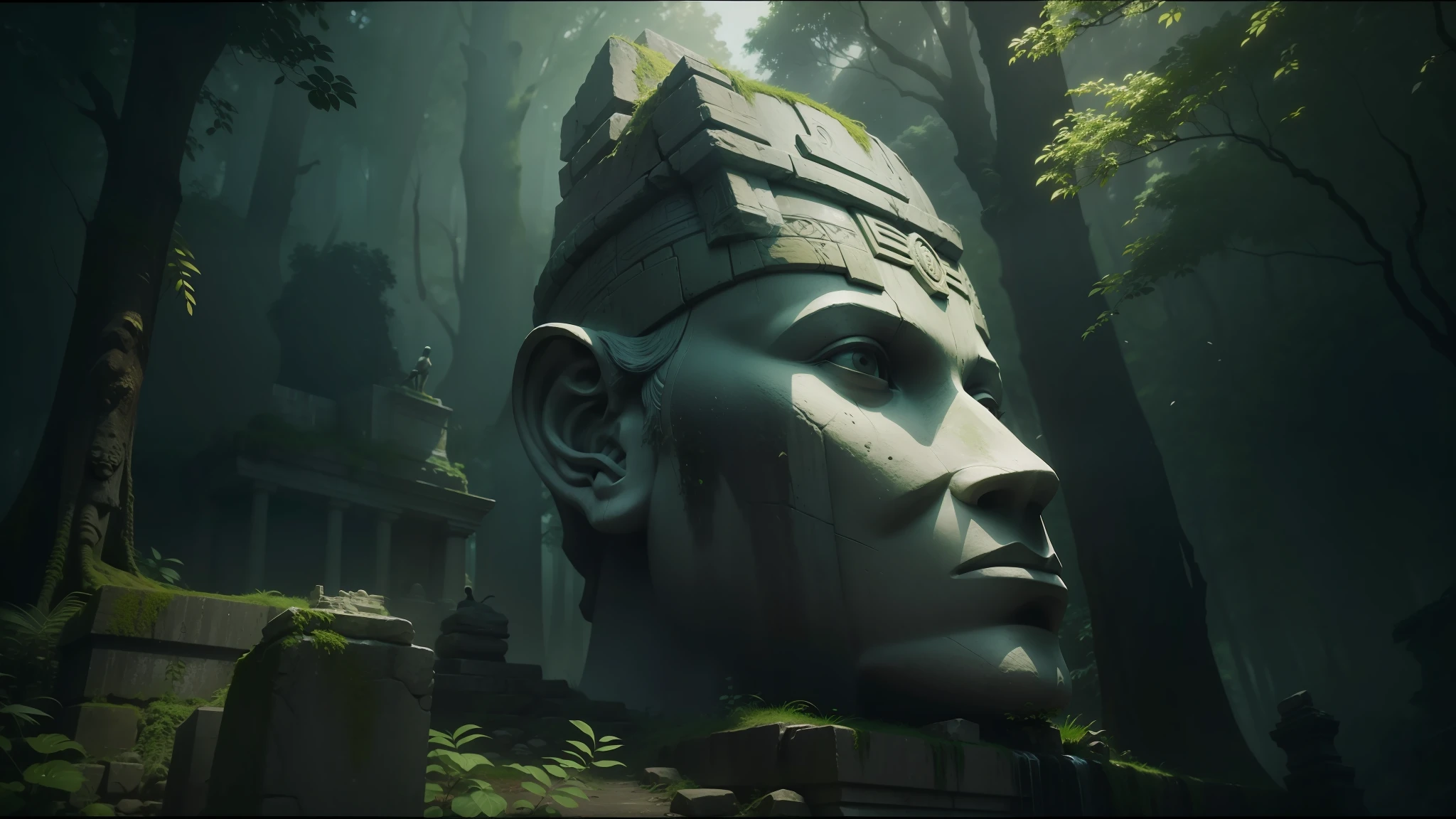 there is a stone statue in the middle of a forest, unreal maya, promotional movie still, by Simon de Vlieger, ruins, by Víctor Manuel García Valdés, aspect ratio 16:9, ps 3 graphics, quetzal, cinema still, filmstill, inspired by James Cadenhead