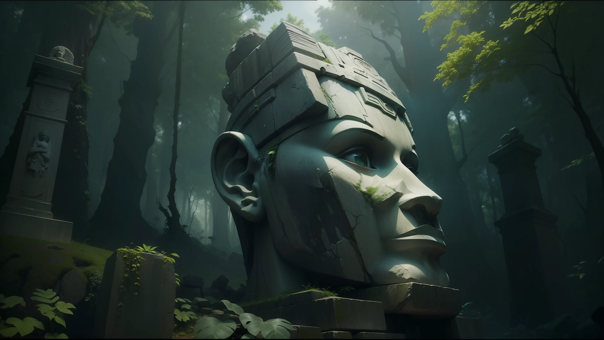 there is a stone statue in the middle of a forest, unreal maya, promotional movie still, by Simon de Vlieger, ruins, by Víctor Manuel García Valdés, aspect ratio 16:9, ps 3 graphics, quetzal, cinema still, filmstill, inspired by James Cadenhead