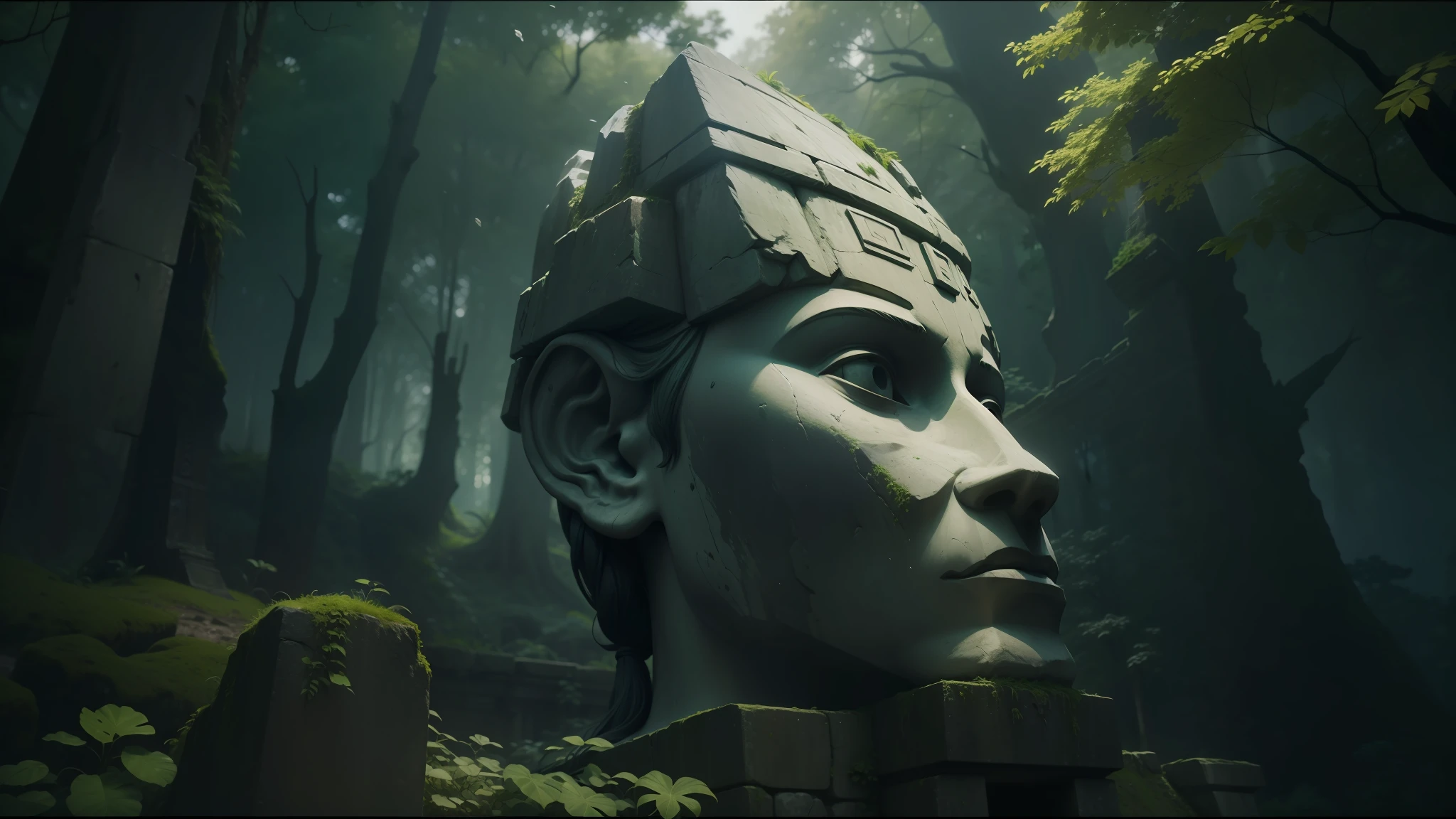 there is a stone statue in the middle of a forest, unreal maya, promotional movie still, by Simon de Vlieger, ruins, by Víctor Manuel García Valdés, aspect ratio 16:9, ps 3 graphics, quetzal, cinema still, filmstill, inspired by James Cadenhead