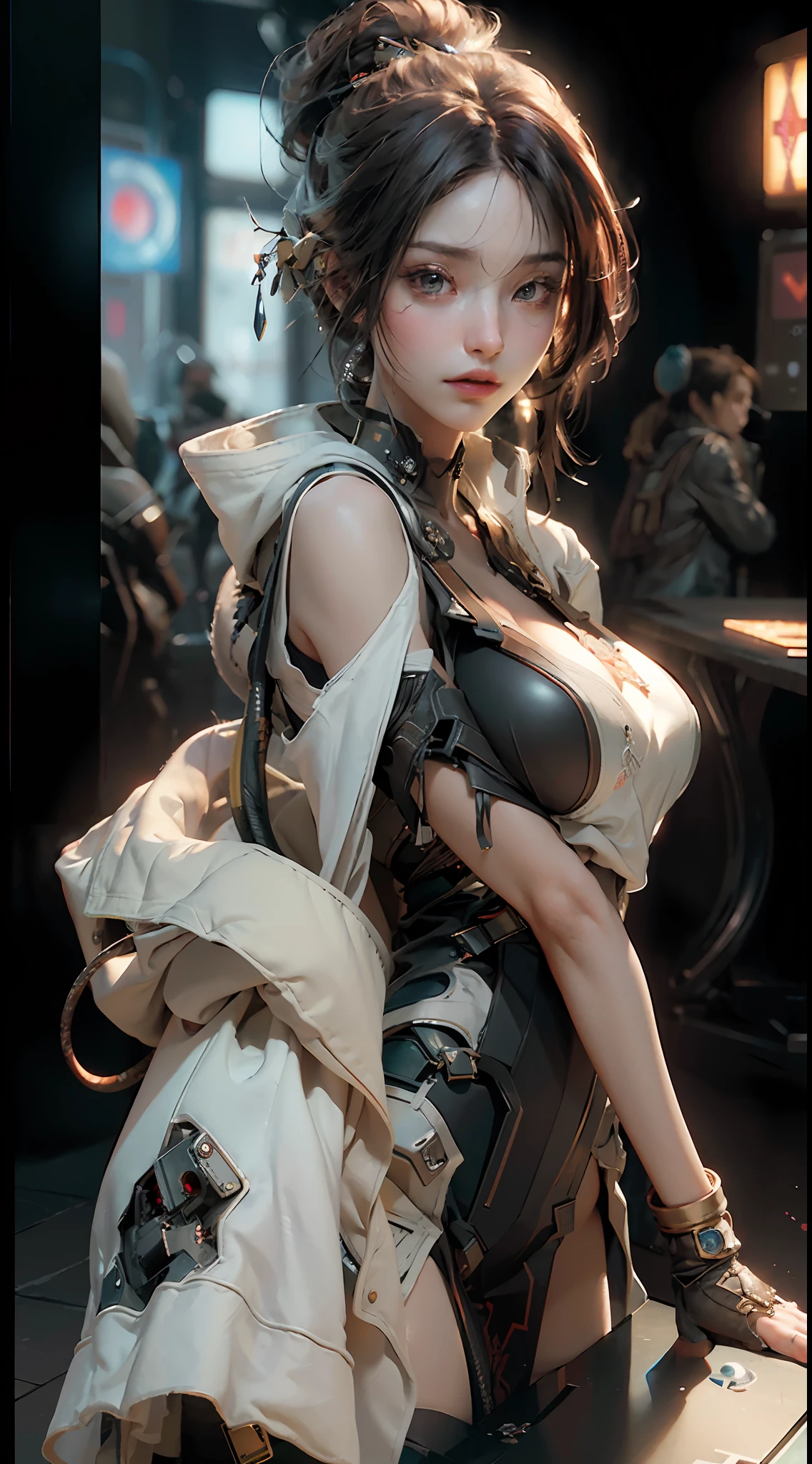 ((Best quality)), ((masterpiece)), (detailed:1.4), 3D, an image of a beautiful cyberpunk female,HDR (High Dynamic Range),Ray Tracing,NVIDIA RTX,Super-Resolution,Unreal 5,Subsurface scattering,PBR Texturing,Post-processing,Anisotropic Filtering,Depth-of-field,Maximum clarity and sharpness,Multi-layered textures,Albedo and Specular maps,Surface shading,Accurate simulation of light-material interaction,Perfect proportions,Octane Render,Two-tone lighting,Wide aperture,Low ISO,White balance,Rule of thirds,8K RAW,