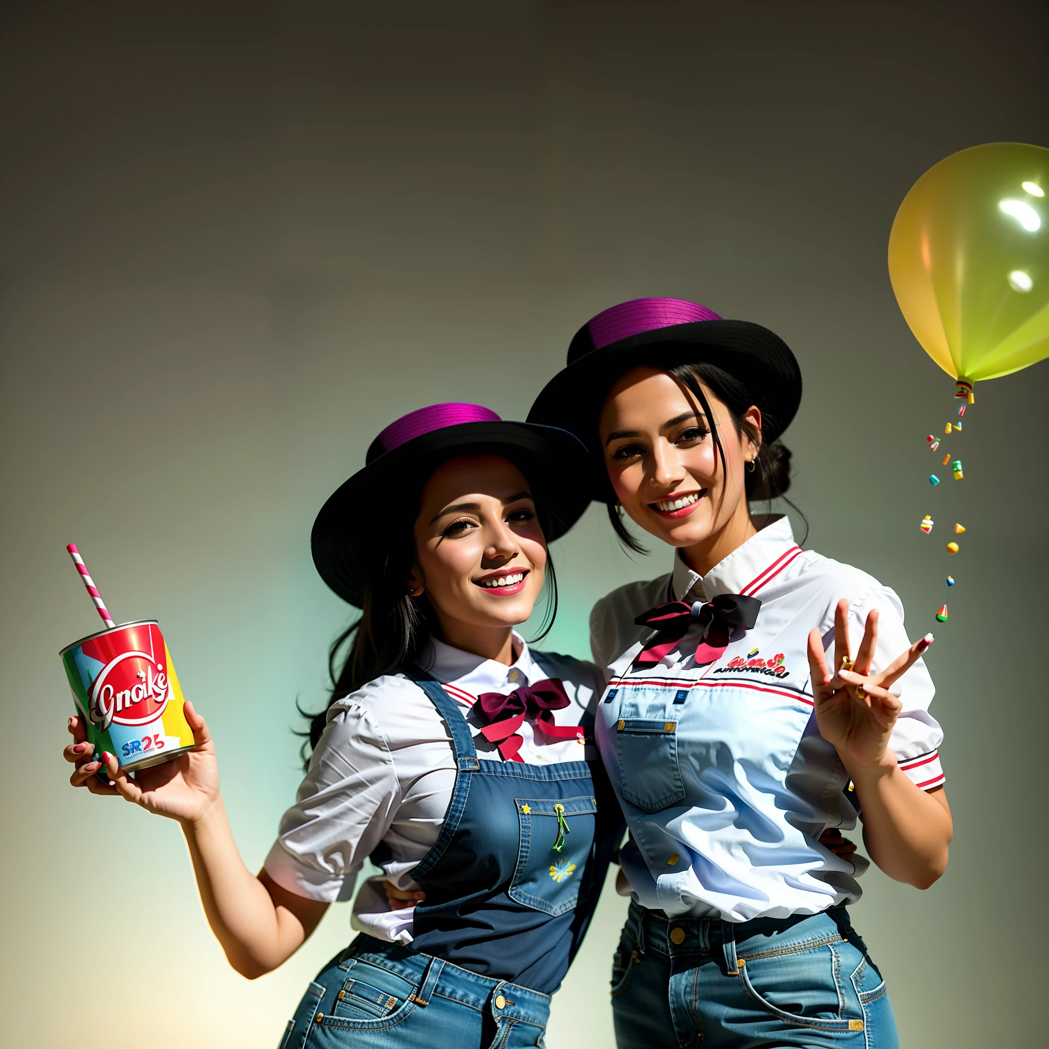 Best quality, realistic, award-winning illustration, (tricky detail: 1.2), (fine detail), (tricky detail), (cinematic lights, best quality), sharp lines, sharp focus, official artwork, 16k, A beautiful woman with a smiling face, wearing a straw hat, wearing a June party hat, June parties, white graffiti splash background, a beautiful young chef, wearing a black apron with colorful blouse emblazoned in June party colors, Wearing jeans, medium black hair, holding a large can of delicious candy, creamy candy splash, character design by George Lucas style, white background.