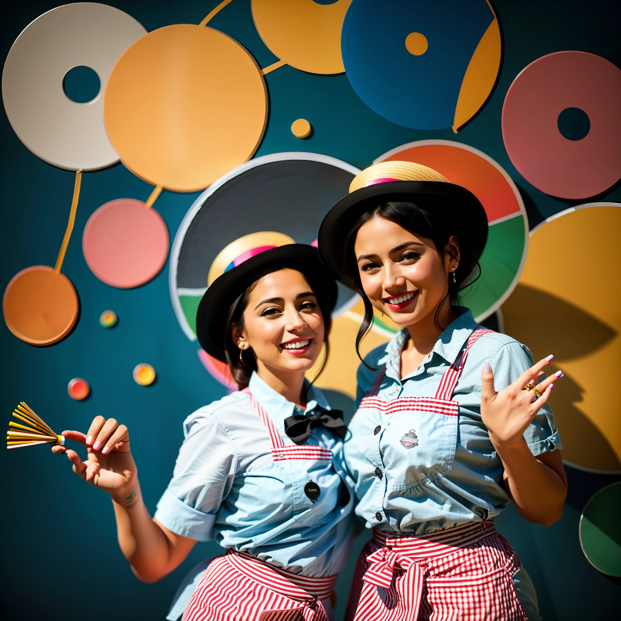 Best quality, realistic, award-winning illustration, (tricky detail: 1.2), (fine detail), (tricky detail), (cinematic lights, best quality), sharp lines, sharp focus, official artwork, 16k, A beautiful woman with a smiling face, wearing a straw hat, wearing a June party hat, June parties, white graffiti splash background, a beautiful young chef, wearing a black apron with colorful blouse emblazoned in June party colors,  Wearing jeans, medium black hair, holding a large can of delicious candy, creamy candy splash, character design by George Lucas style, white background.