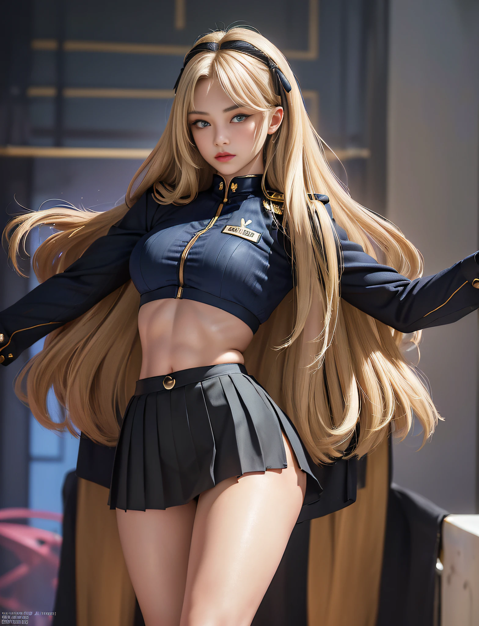 very detailed RAW color photo, (((1 girl))), (((alone))), (((17 years))), (((very young))), (((very detailed perfect body))), (((small and defined breasts))), (((ultra defined curves))), (((superior quality, 8k, masterpiece: 1.3)), sharp focus: 1.2, (((extremely beautiful girl with perfect figure: 1.4))), ((very thin waist: 1.2)), ultra detailed skin texture, ((smooth and soft skin)), ultra detailed fabric texture, Extremely beautiful face ultra detailed, (((extremely beautiful))), intricate details, ultra detailed, (((girl wearing military uniform))), (((straight blonde hair))), extremely beautiful, (((extra long mane with bangs))), (hair on the face), ((hair ribbon)), dynamic pose, ((the suit leaves the thighs exposed)), ((ultra detailed legs)), ((((the uniform wears a miniskirt))), (((ultra detailed waist))), ((very wide hips))), (((very thick thighs))), (very thick thighs))), (((very defined and muscular legs))), (sexy), (((extreme hourglass figure))), (((very thick heart lips))), ((red lipstick)), ultra detailed lips, ultra detailed blue eyes, ((angry look)), (((staring at the viewer))), ultra detailed provocative mouth, extremely beautiful seductive lips, ((blushing)), (makeup), ((((model body))), (((ultra-defined waist))), eye shadow, (full body shot), (military booty)