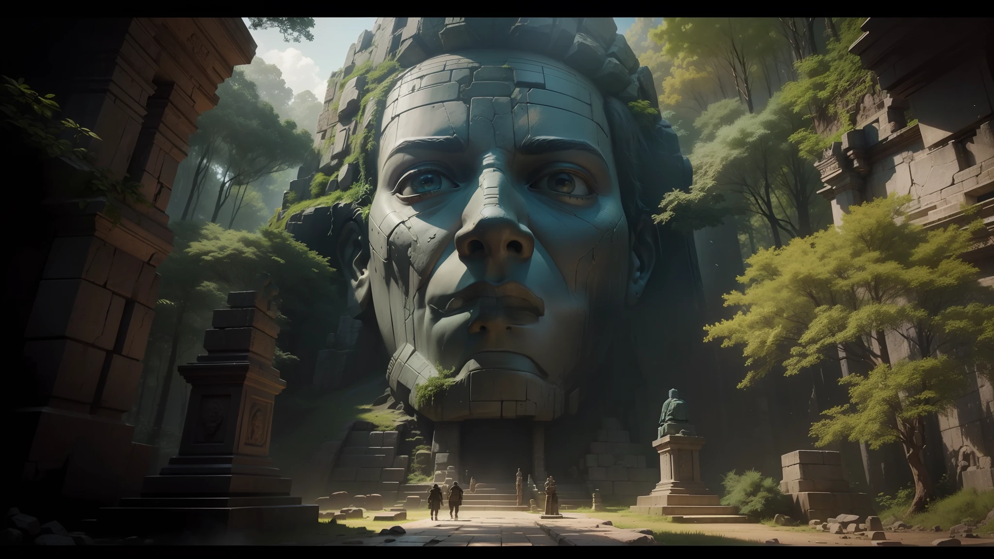 there is a large stone statue in the middle of a forest, unreal maya, amazing splashscreen artwork, ryan meinerding, ruin, imax close-up of face, ruined temple, 2020 video game screenshot, moai, inspired by Thomas Corsan Morton, by Arvid Nyholm, epic graphics
